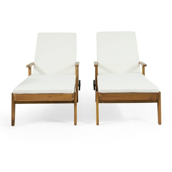 Noble House Multiple Positions Acacia wood Outdoor Chaise Lounge - Set of 2 - Teak and Cream