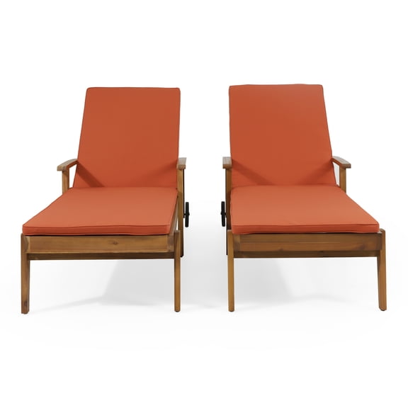 Noble House Multiple Positions Acacia wood Outdoor Chaise Lounge - Set of 2 - Teak and Orange