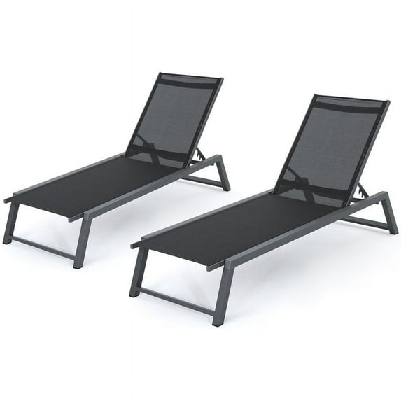 Noble House Myers Outdoor Black Mesh Lounge with Grey Aluminum Frame (Set of 2)