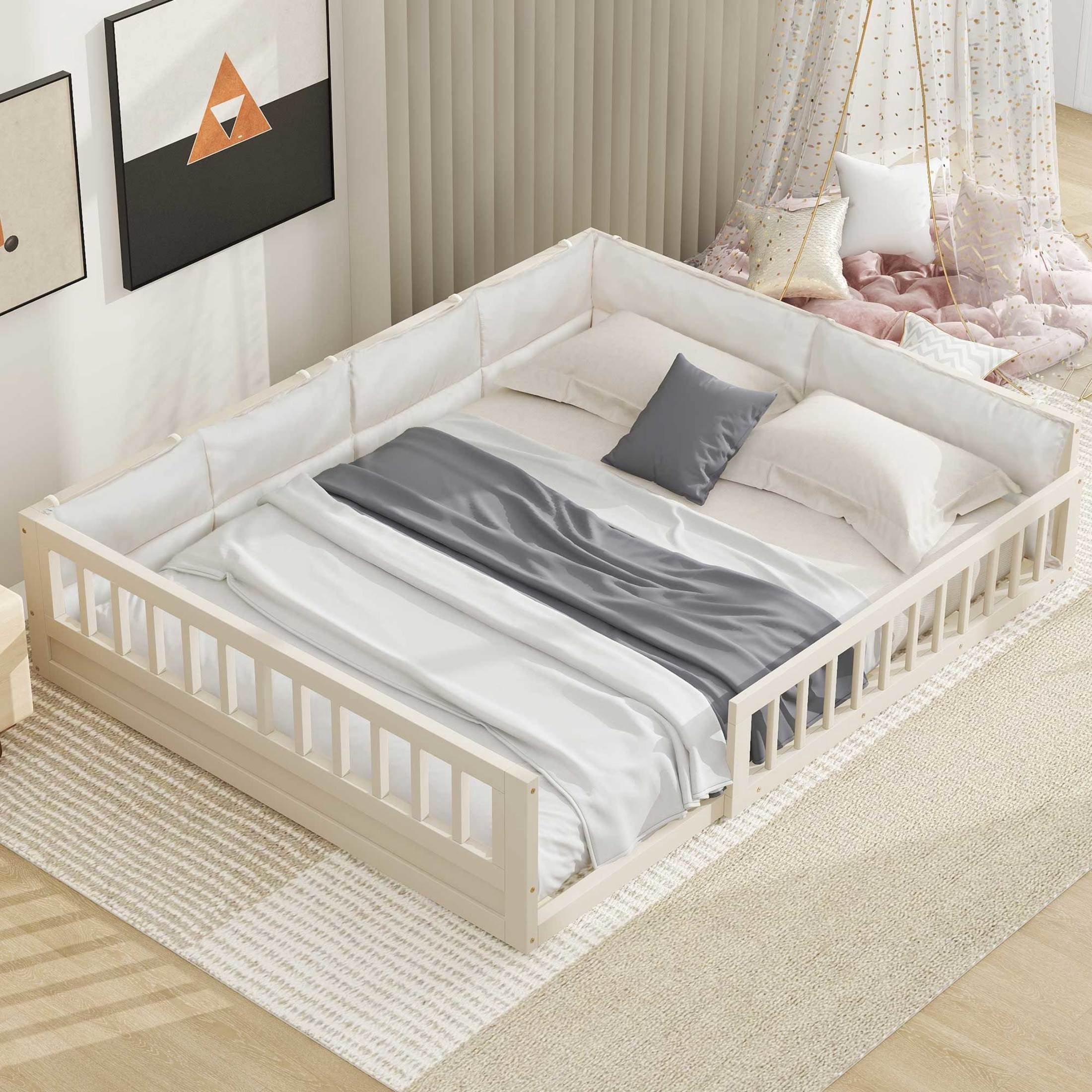 Noble House Myrrh Full Size Upholstered Platform Bed with Guardrails and Detachable Pillows, Pine Wood Frame, Beige
