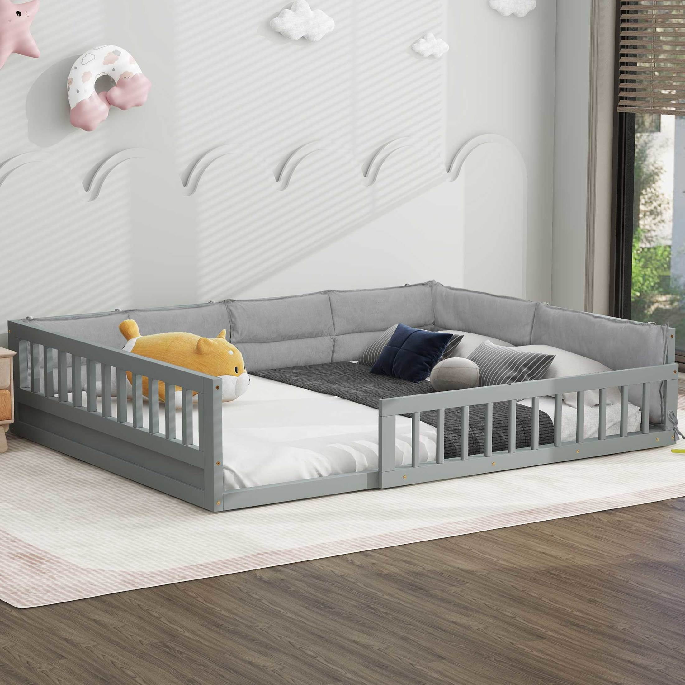 Noble House Myrrh Full Size Upholstered Platform Bed with Guardrails and Plush Pillows, Pine Wood Frame, Gray