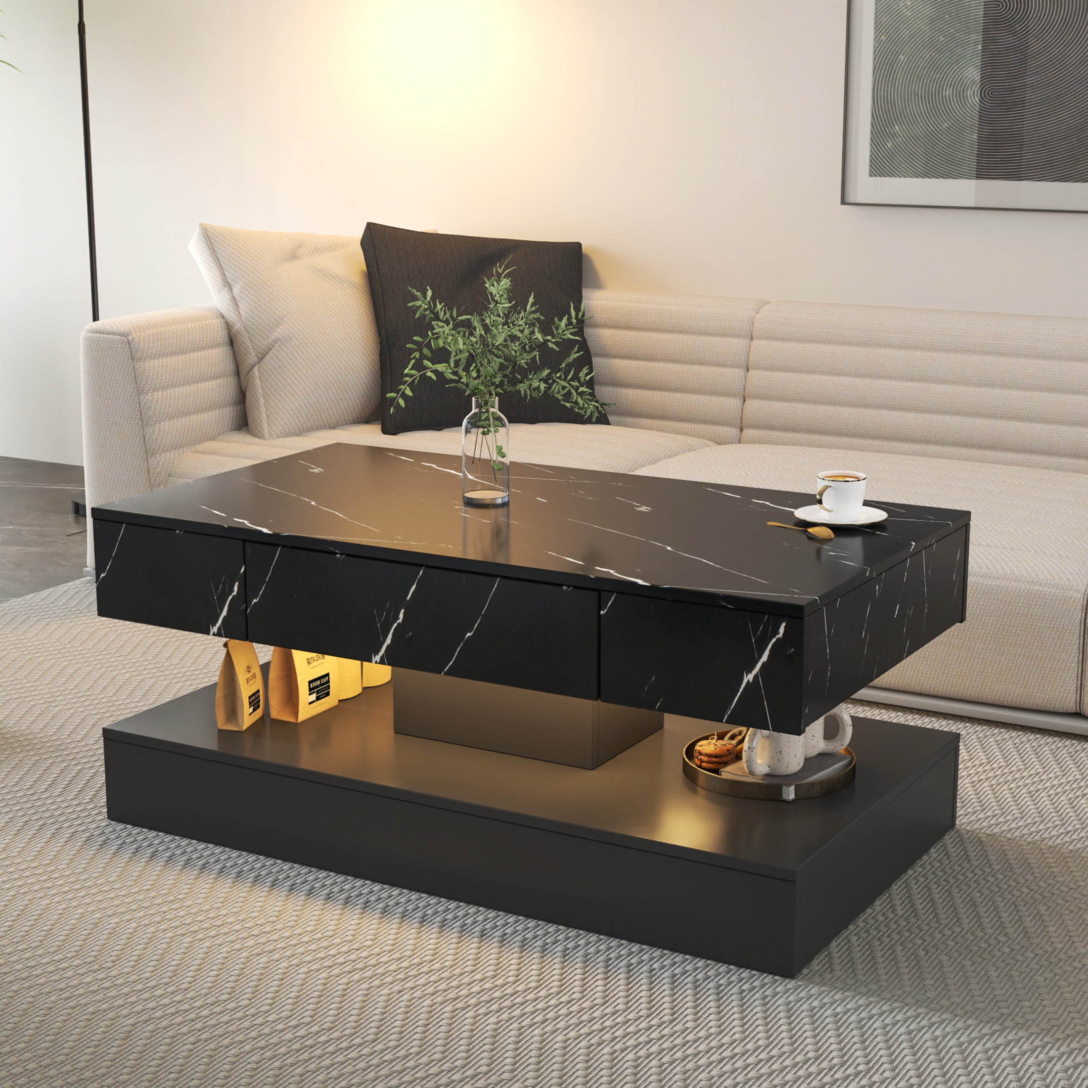 Noble House Nadia 39.4" LED Coffee Table, RGB Remote Lighting, Drawer Storage, Wooden Living Room Furniture, Black