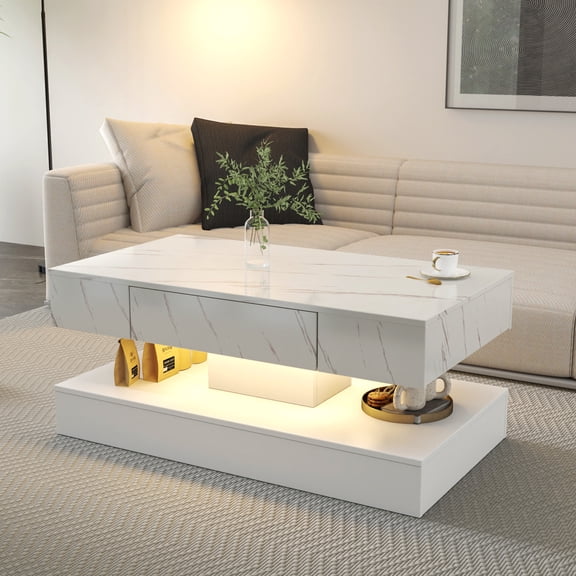 Noble House Nadia 39.4" LED Coffee Table, RGB Remote Lighting, Drawer Storage, Wooden Living Room Furniture, White
