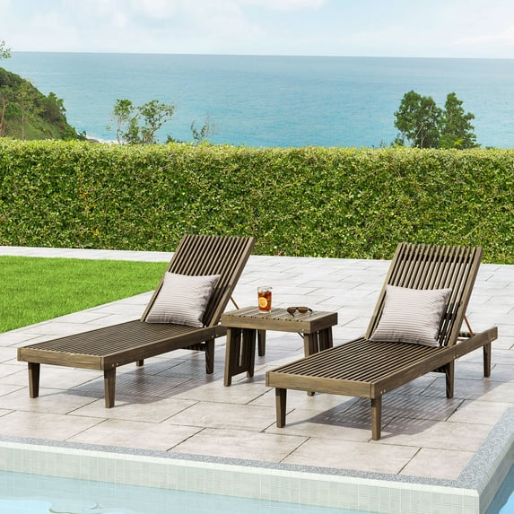 Noble House Nadine Outdoor Acacia Wood 3-Pc Chaise Lounge Set Gray
