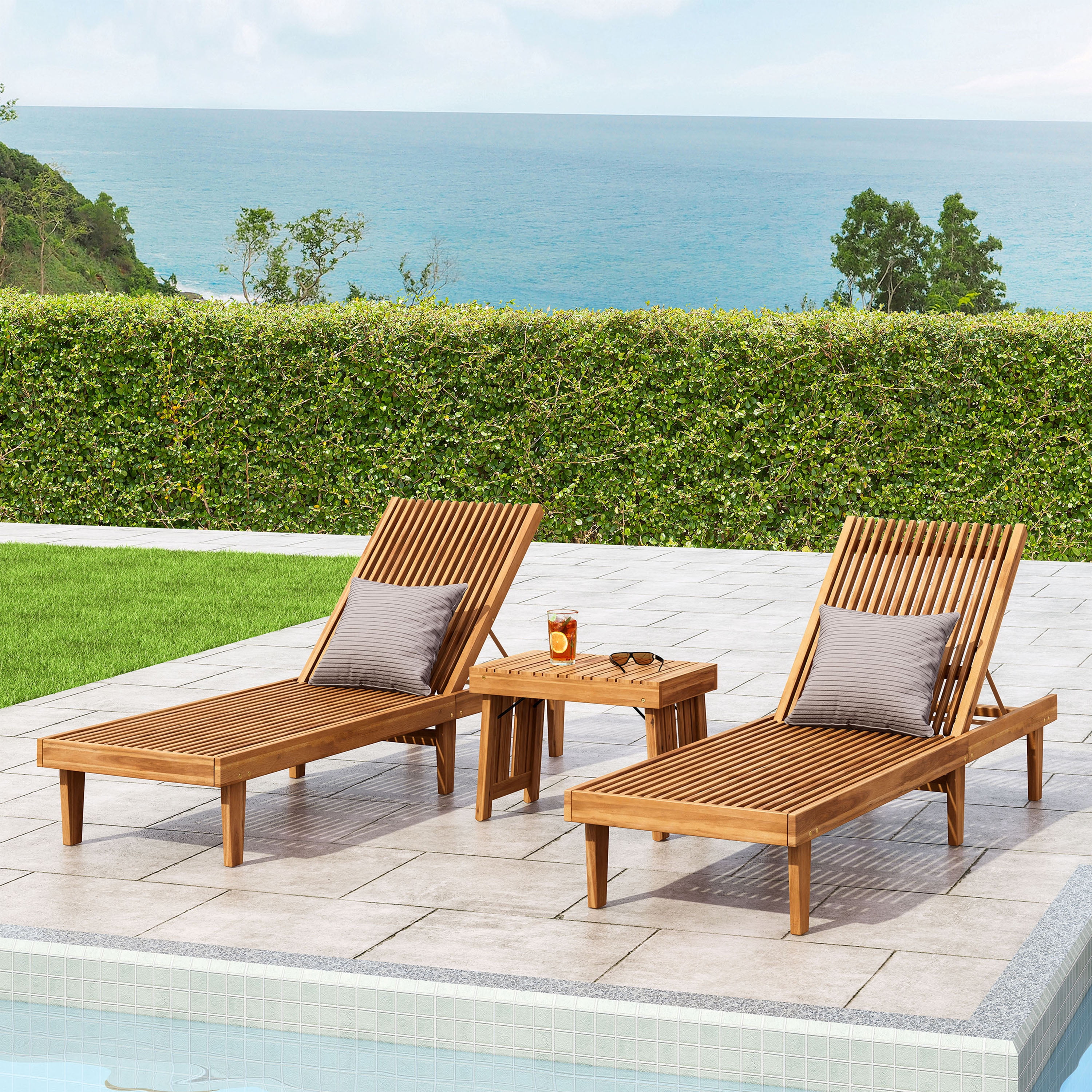 Teak Brown Acacia Wood 3-Piece Outdoor Chaise Lounge Set