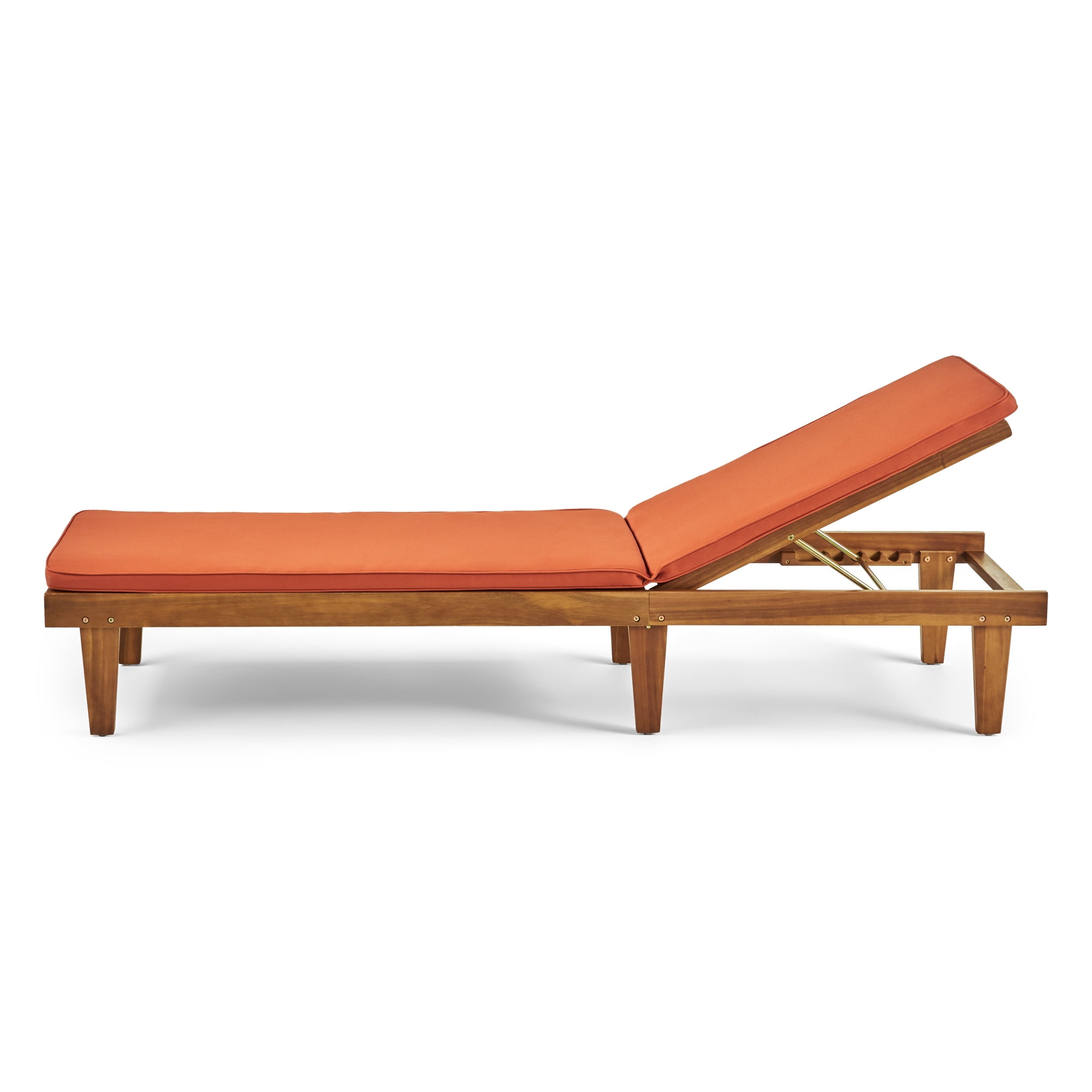 Teak Brown Outdoor Chaise Lounge with Rust Orange Cushions
