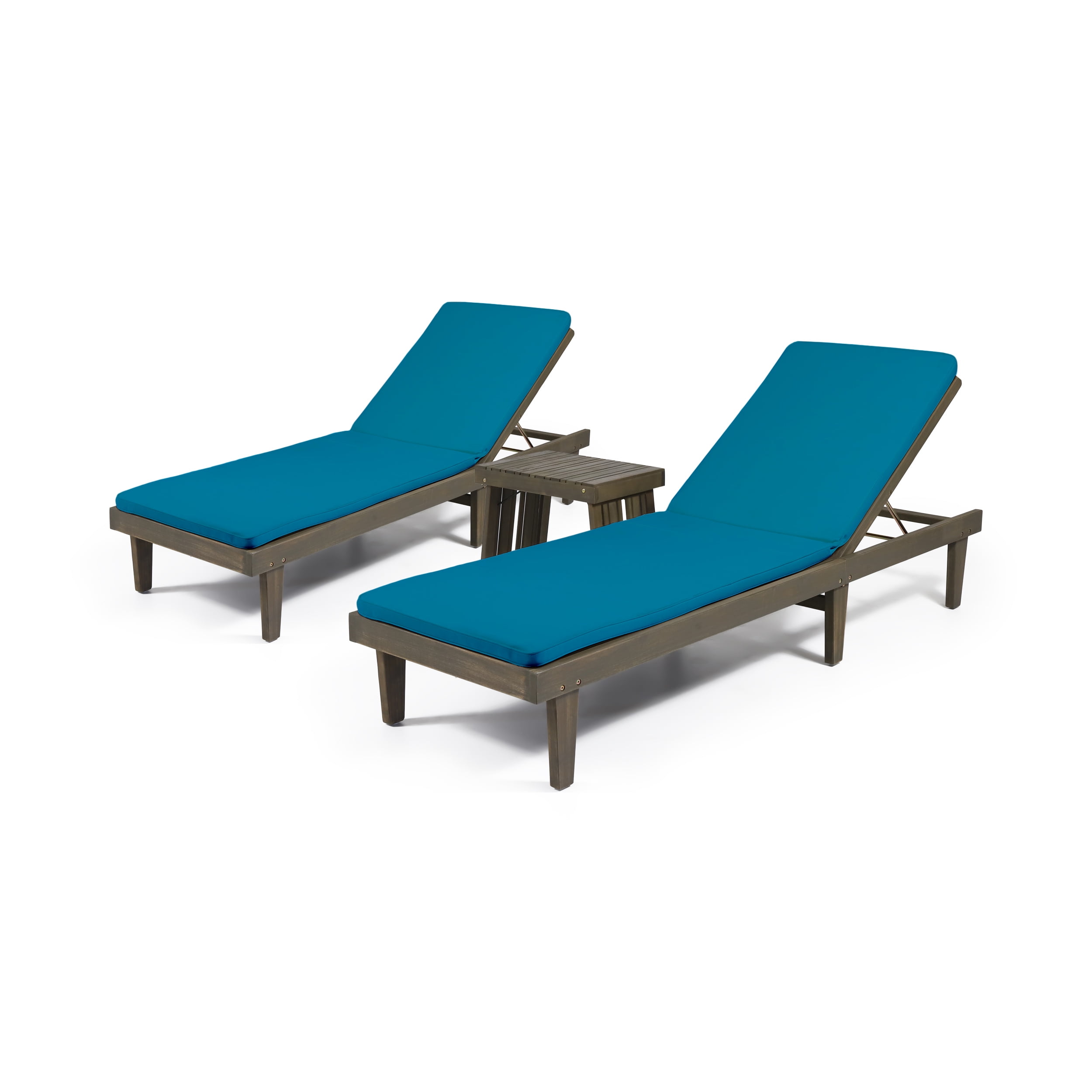 Noble House Nadine Outdoor Wood 3Pc Chaise Lounge Set Cushion Gray