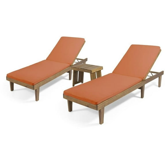 Noble House Nadine Outdoor Wood 3-Pc Chaise Lounge Set Cushion Teak/Orange