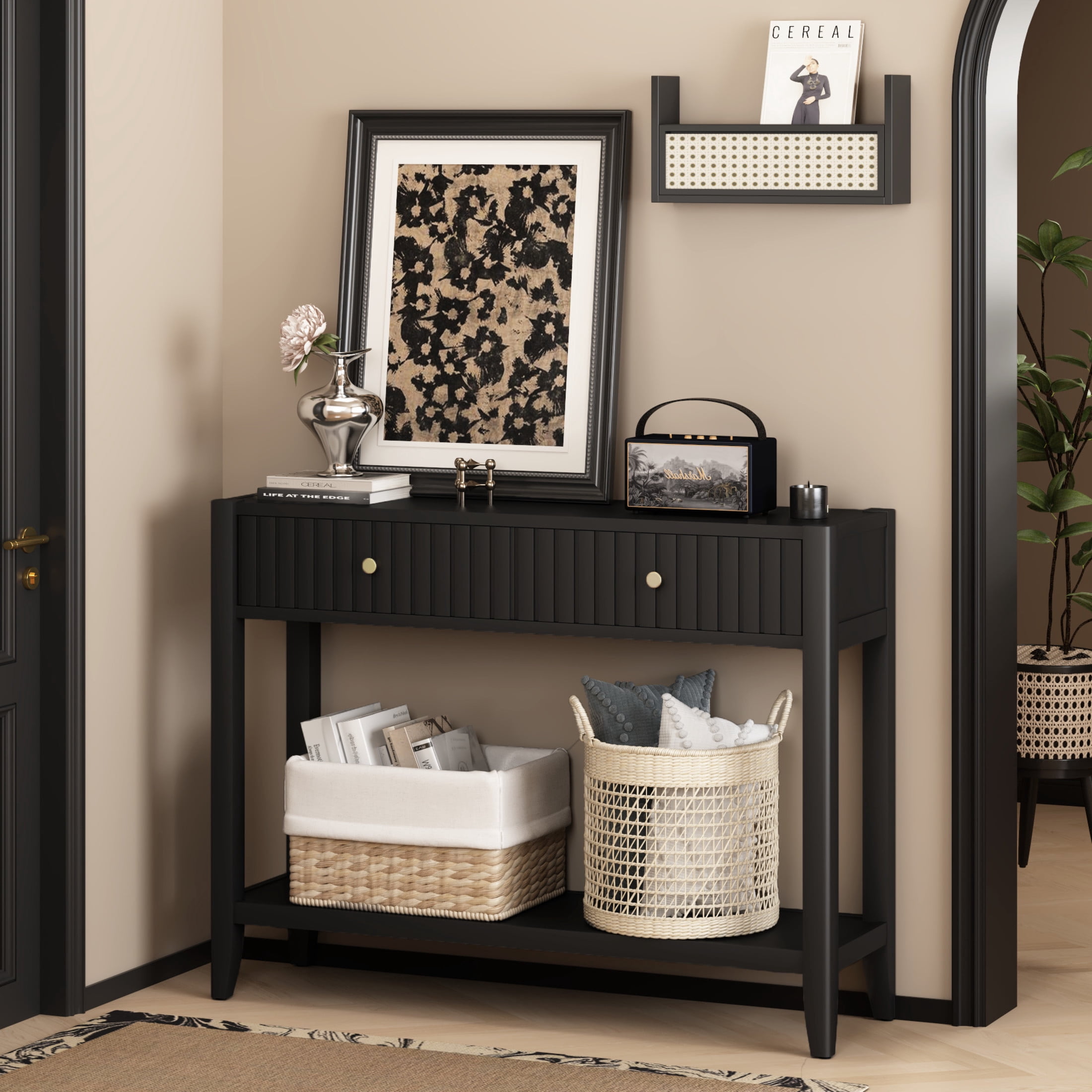 Noble House Narrow Wooden Console Table, Entryway Accent Sofa Table with Hidden Drawers and Storage Shelf, Black