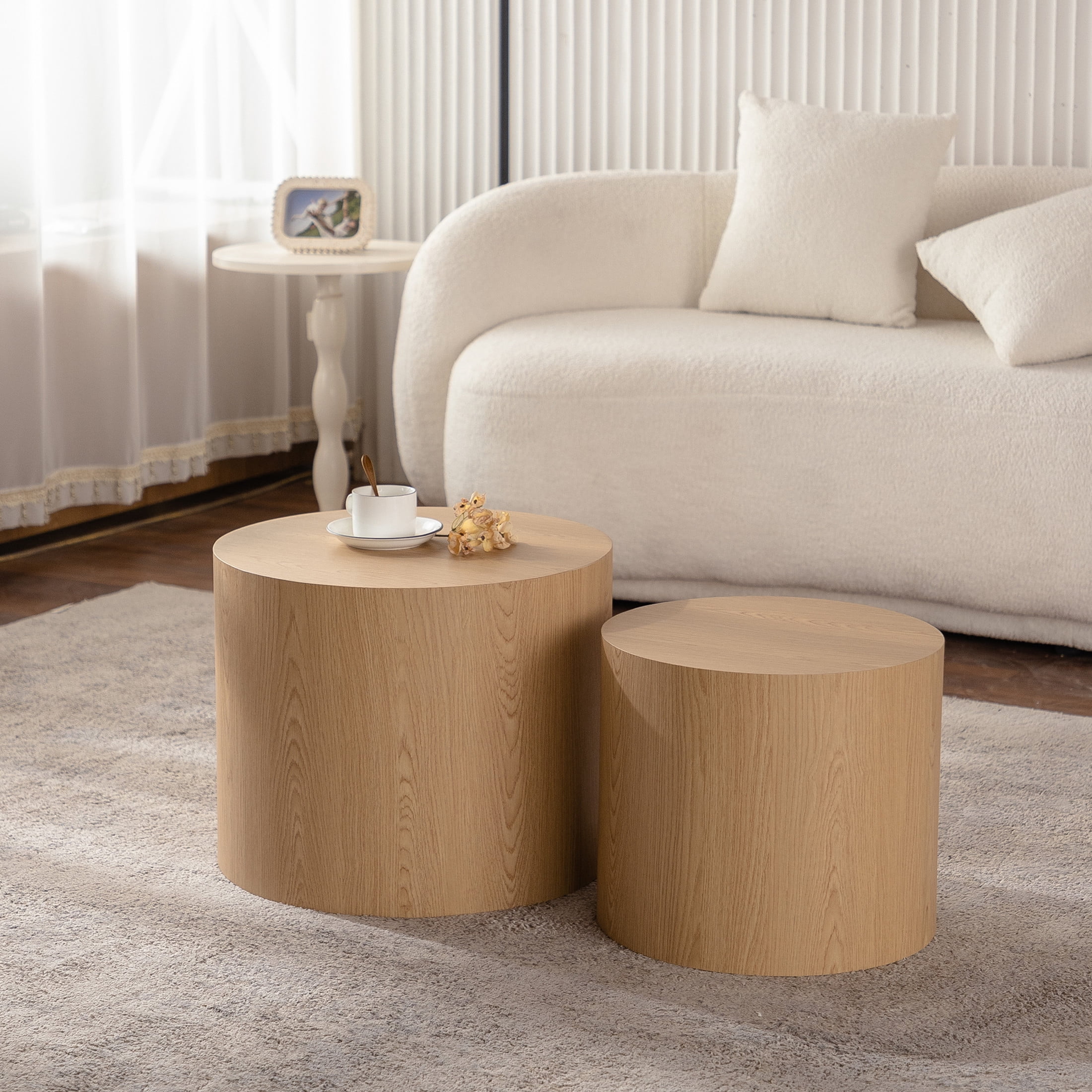 Noble House Nathan 2-Piece Round Nesting Coffee Table Set, Modern Wooden Industrial Side Tables, Light Wood, Set of 2