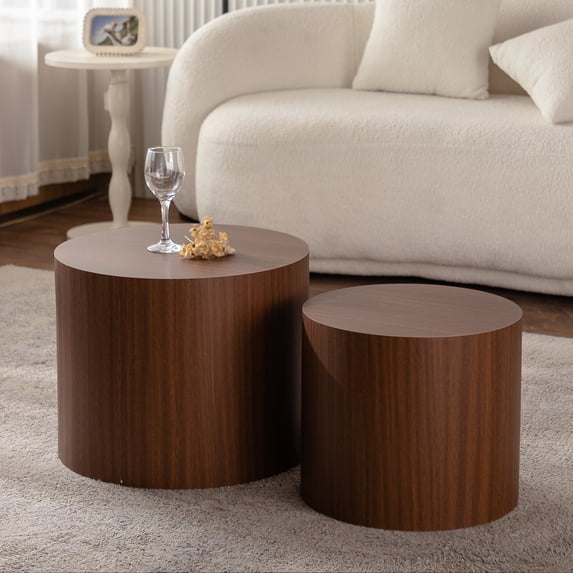 Noble House Nathan 2-Piece Round Nesting Coffee Table Set, Modern Wooden Industrial Side Tables, Walnut, Set of 2