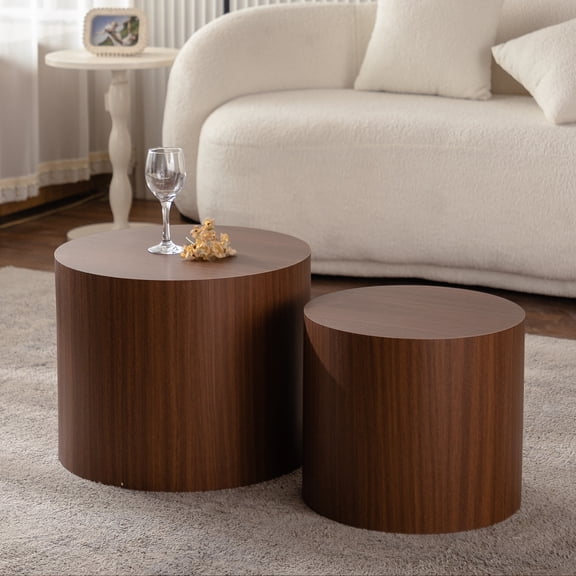 Noble House Nathan 2-Piece Round Nesting Coffee Table Set, Modern Wooden Industrial Side Tables, Walnut, Set of 2