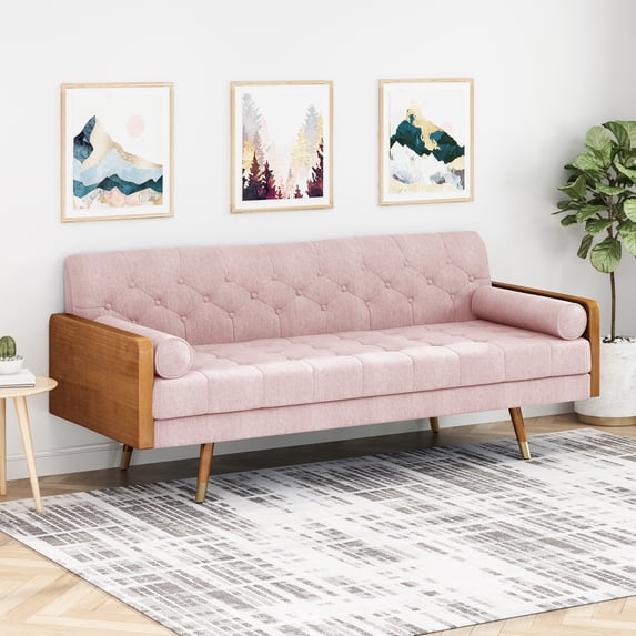 Noble House Nathanial Tufted Fabric Sofa, Light Blush and Dark Walnut