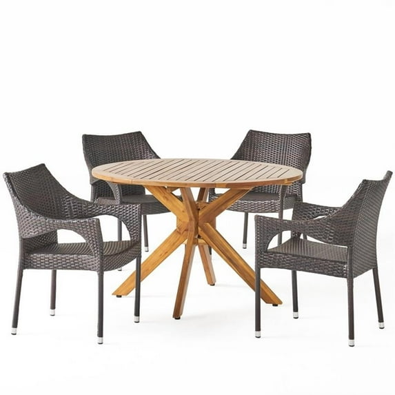 Noble House Natividad 5 Piece Wooden Round Patio Dining Set in Teak
