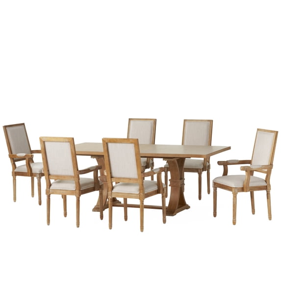 Noble House Neihart Wood 6-Seater Expandable Dining Set, Natural and Beige