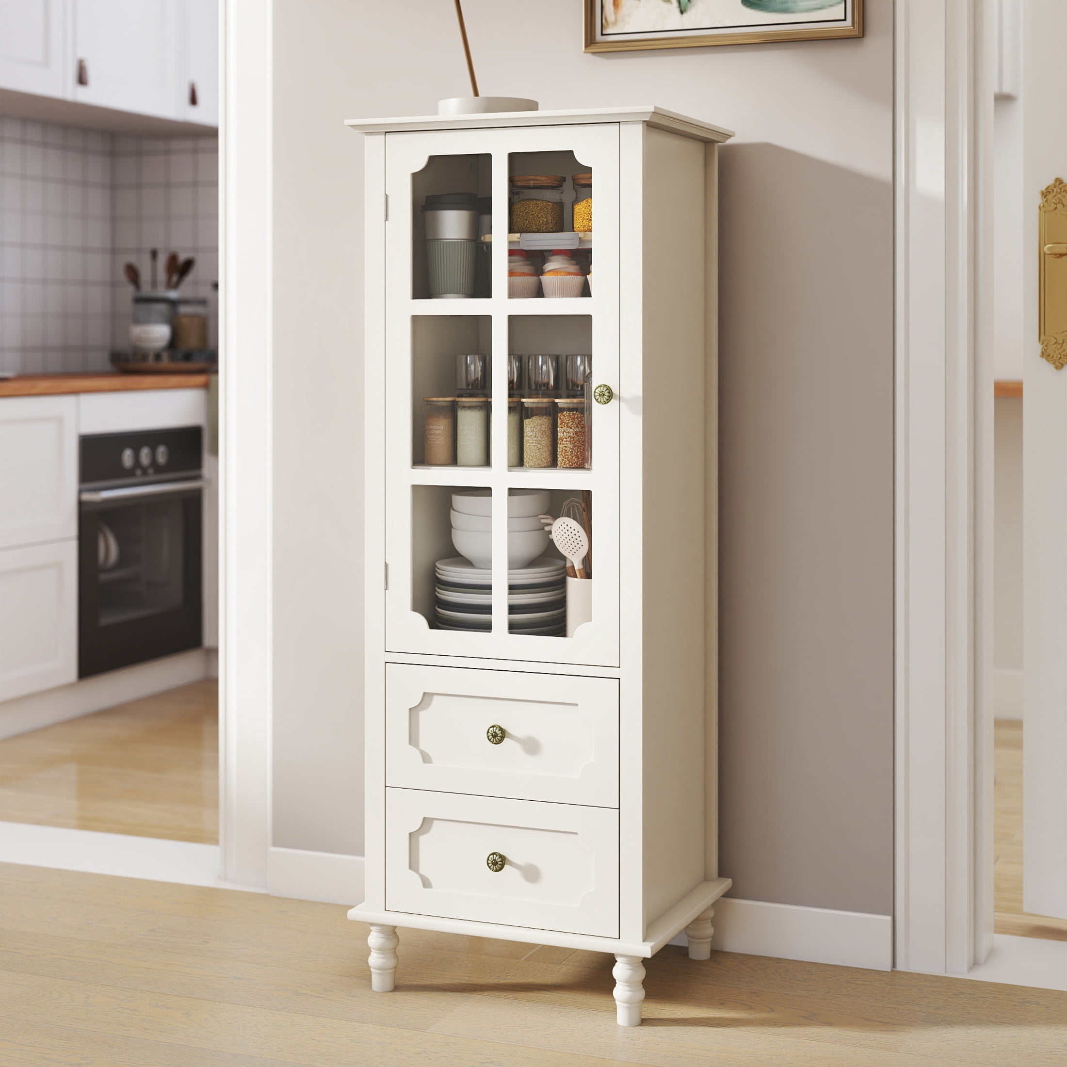 Noble House Nell 52" Tall Buffet Cabinet, Tempered Glass Doors, Wooden Storage Sideboard Cupboard, Creamy White