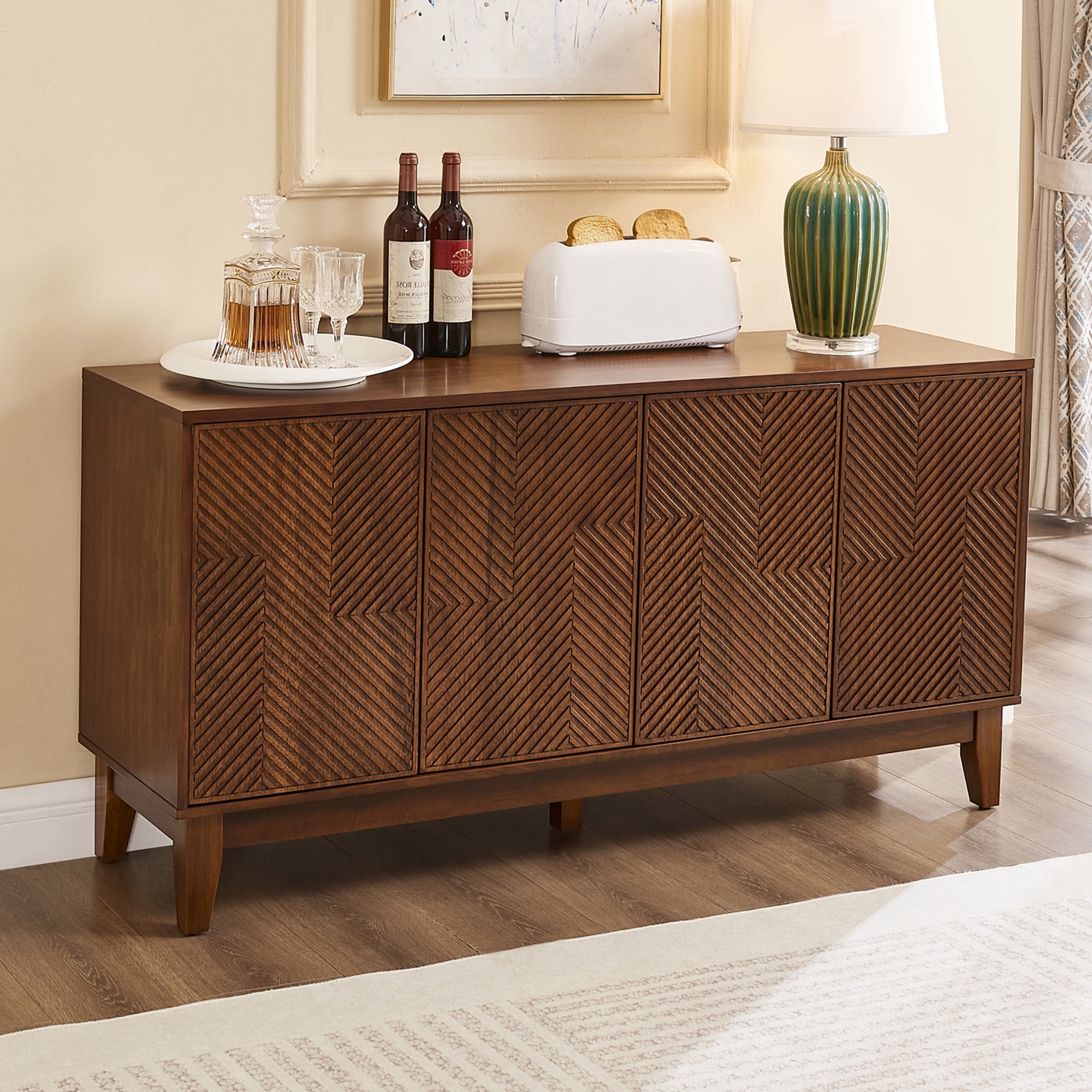 Noble House Nelly 56" Mid Century Modern TV Stand, Carved Geometric 4-Door Media Console Sideboard, Walnut