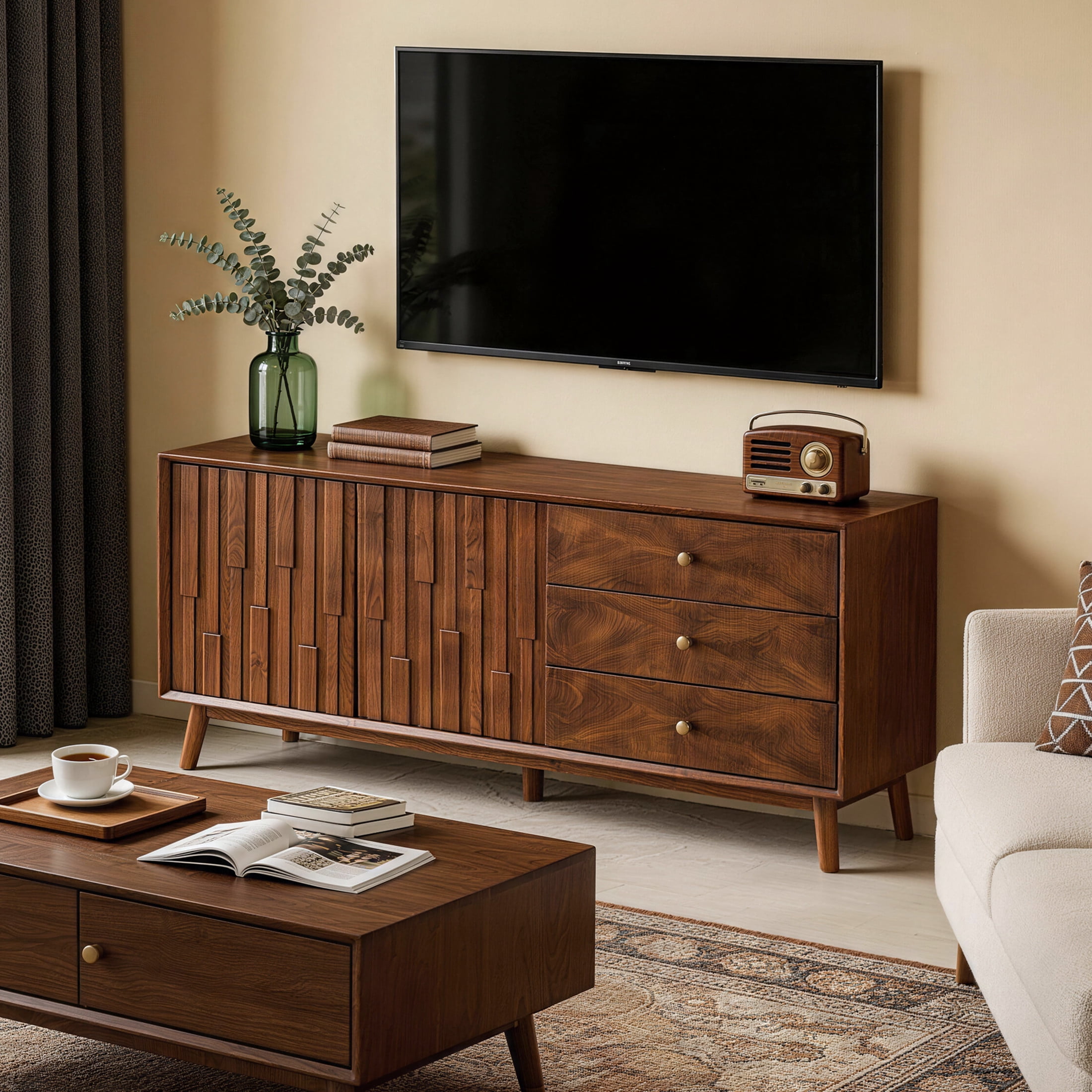 Noble House Nelly 56" Mid Century Modern TV Stand, Entertainment Center with Drawers, Media Console Sideboard, Walnut