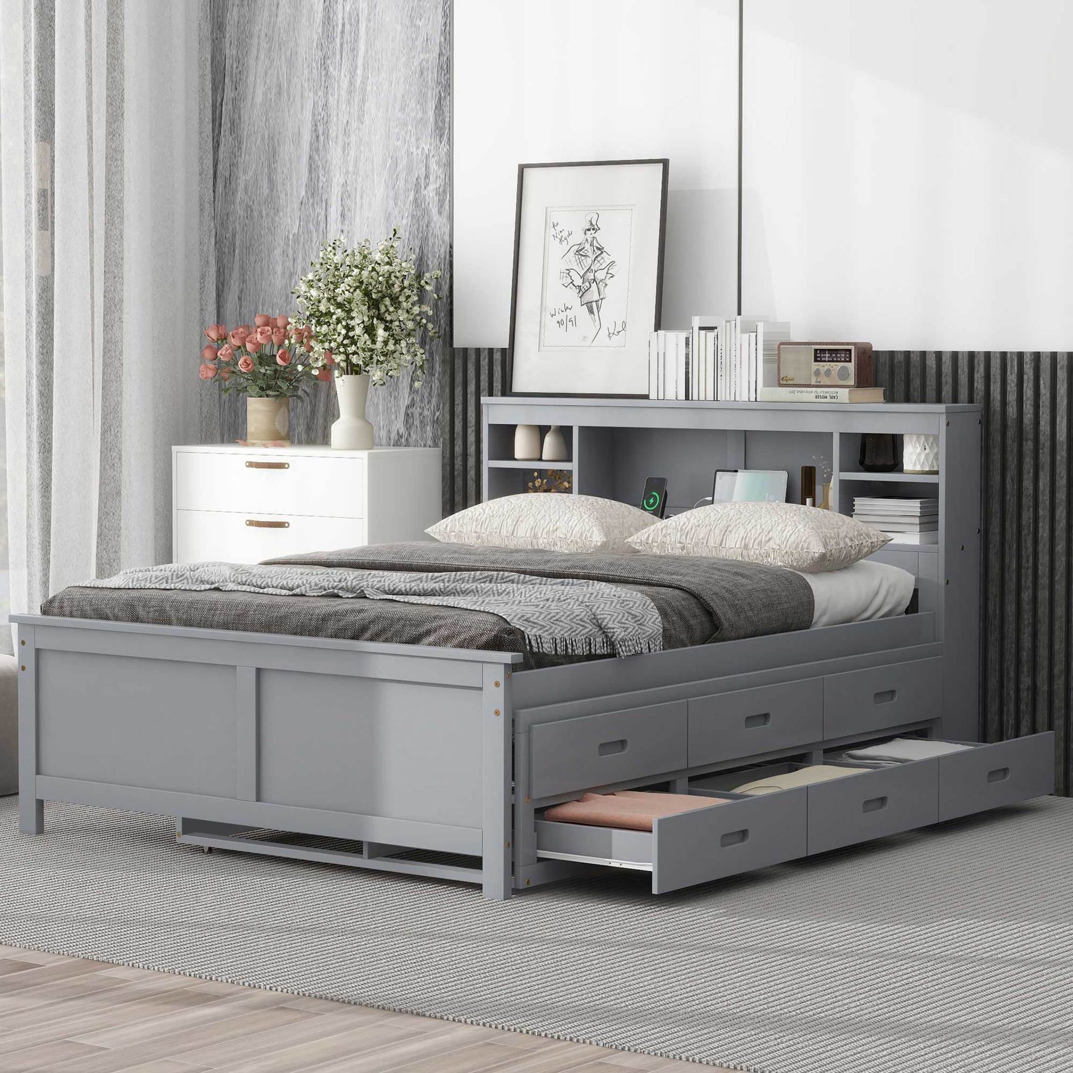 Noble House Nerissa Full Platform Bed with Bookcase Headboard, USB Ports, Extra Trundle and Storage Drawers, Gray