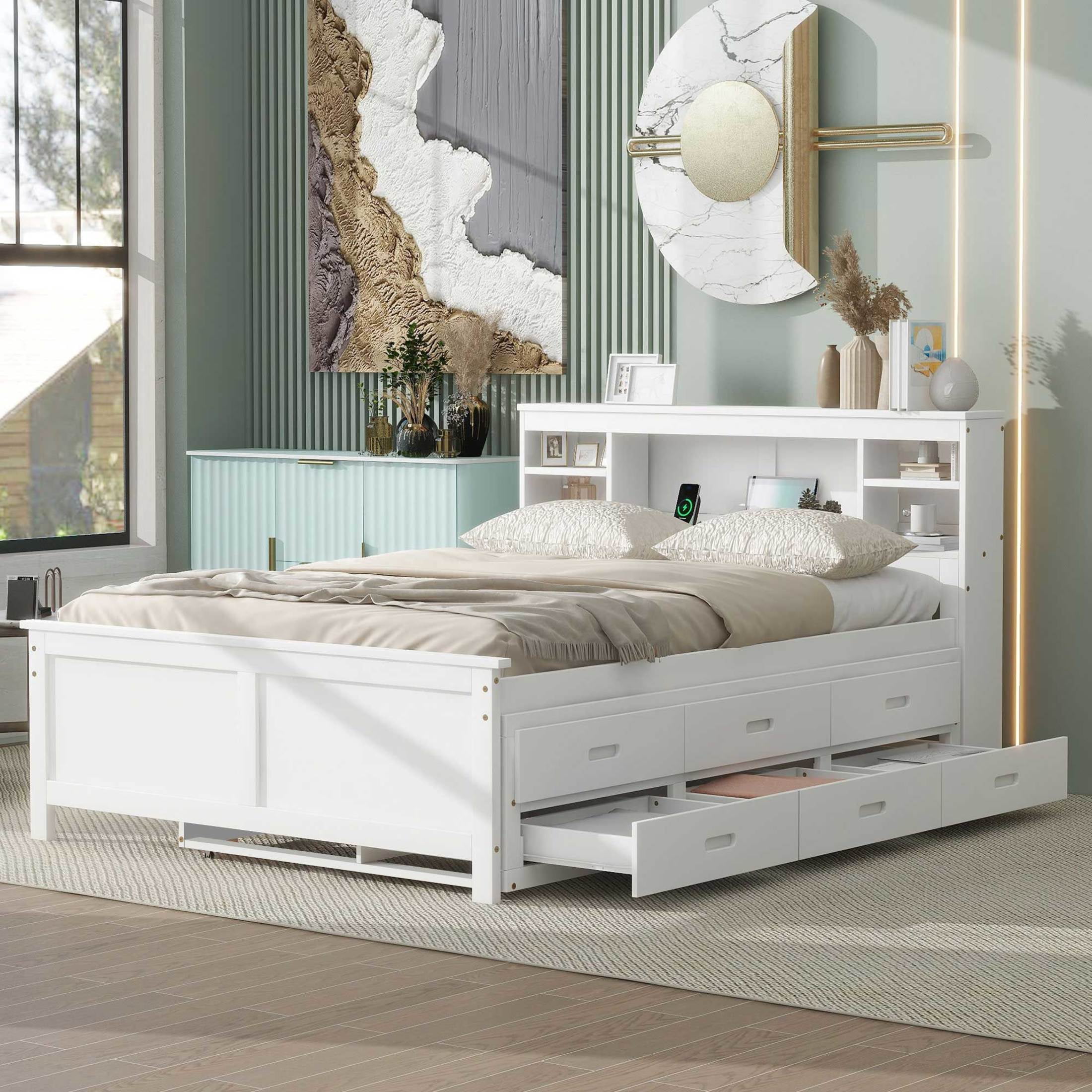 Noble House Nerissa Full Platform Bed with Bookcase Headboard, USB Ports, Extra Trundle and Storage Drawers, White