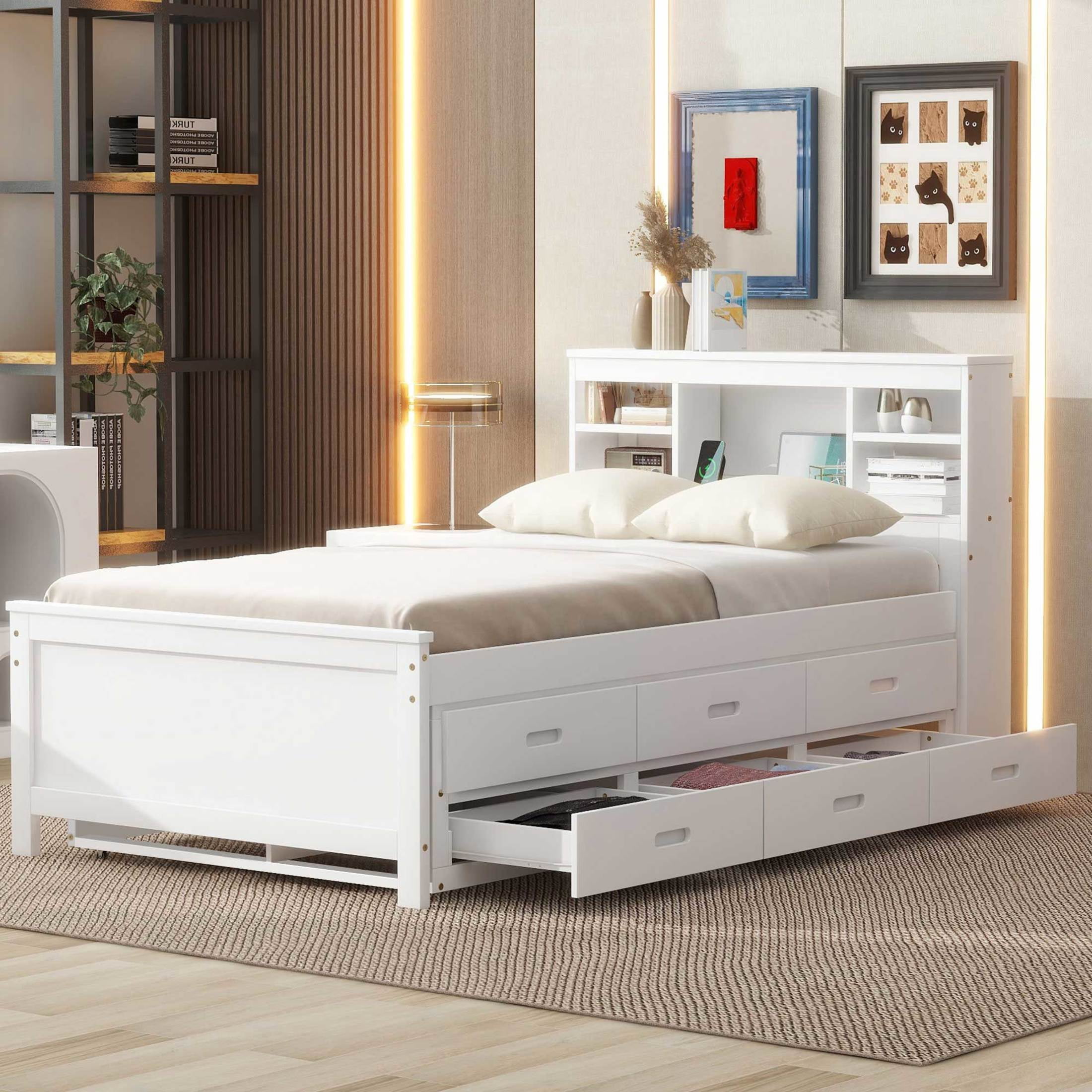 Noble House Nerissa Twin Platform Bed with Bookcase Headboard, USB Ports, Extra Trundle and Storage Drawers, White