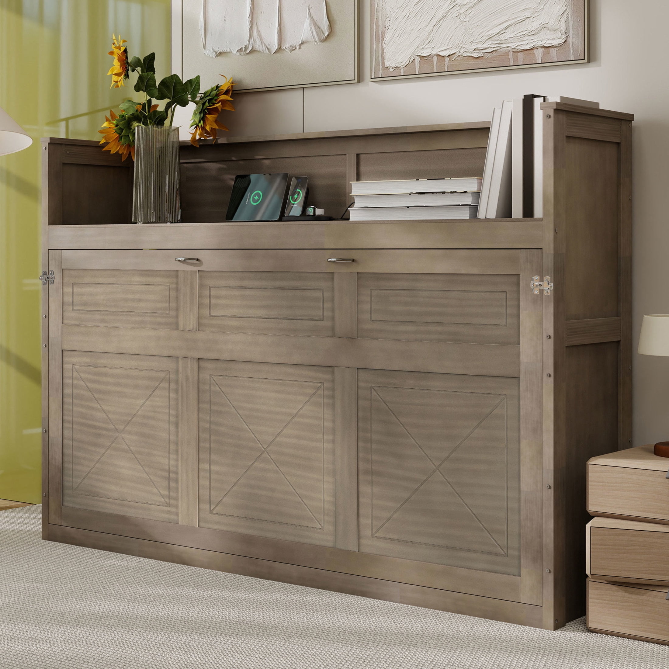 Noble House Nerissa Twin XL Murphy Bed, Solid Wood Space-Saving Bed with LED Light & USB Charging Station, Gray Wash