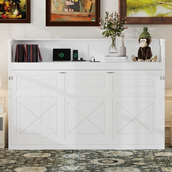 Noble House Nerissa Twin XL Murphy Bed, Solid Wood Space-Saving Bed with LED Light & USB Charging Station, White