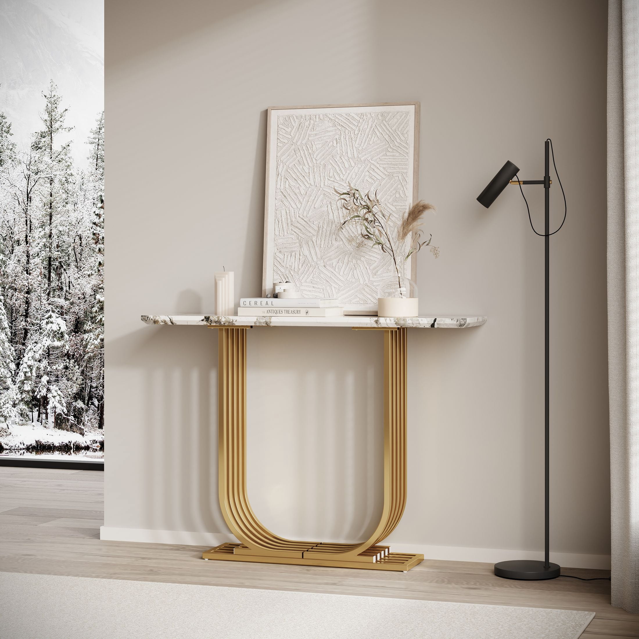 Noble House Nerwin 43.3" Modern Faux Marble Console Table with Gold U-Shaped Metal Frame, White & Gold