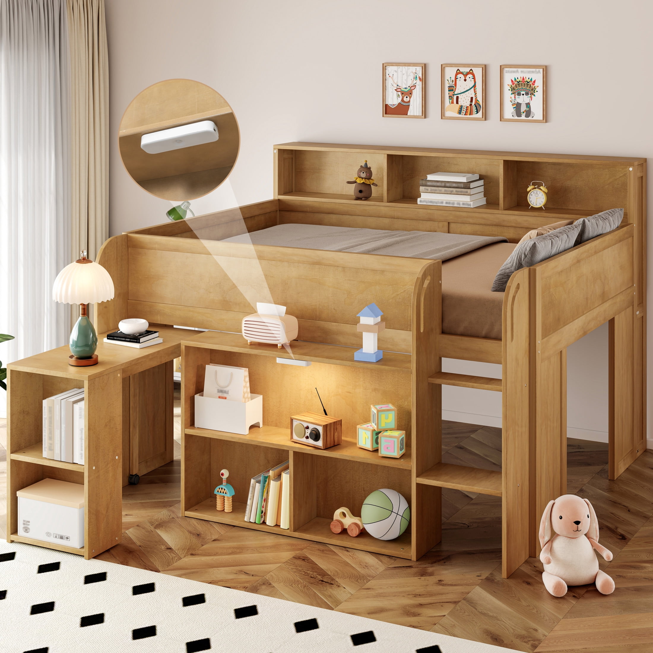 Noble House Nerwin Full Size Solid Wood Loft Bed with Built-in Desk, Storage Shelves and LED Lighting, Walnut