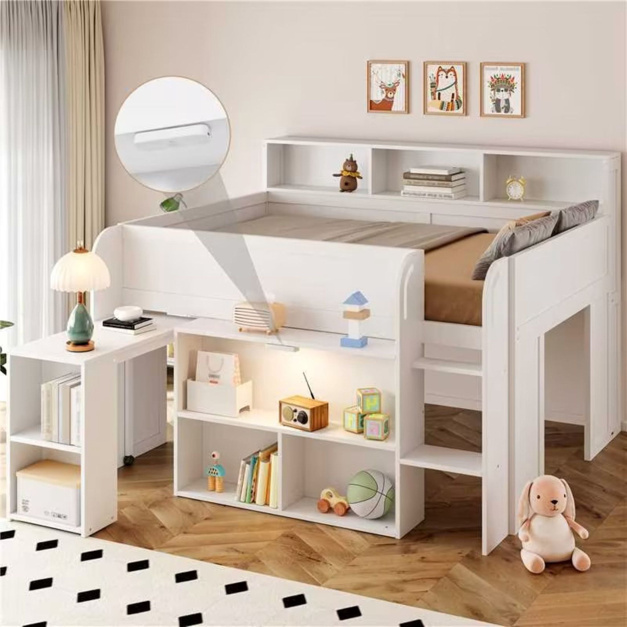 Noble House Nerwin Full Size Solid Wood Loft Bed with Built-in Desk, Storage Shelves and LED Lighting, White