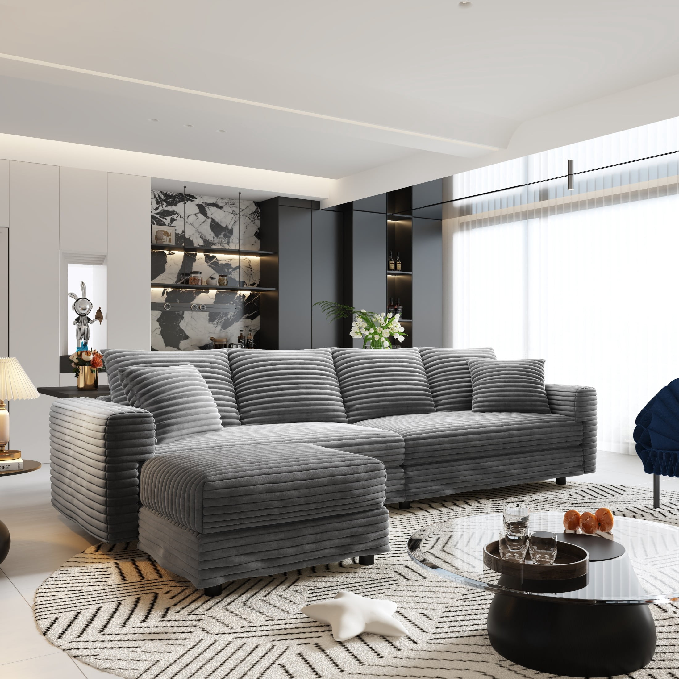 Noble House Nesta 4-Seat Plush Corduroy Cloud Sofa, Convertible Deep Seat Lounge Couch with Ottoman & Soft Pillows, Grey