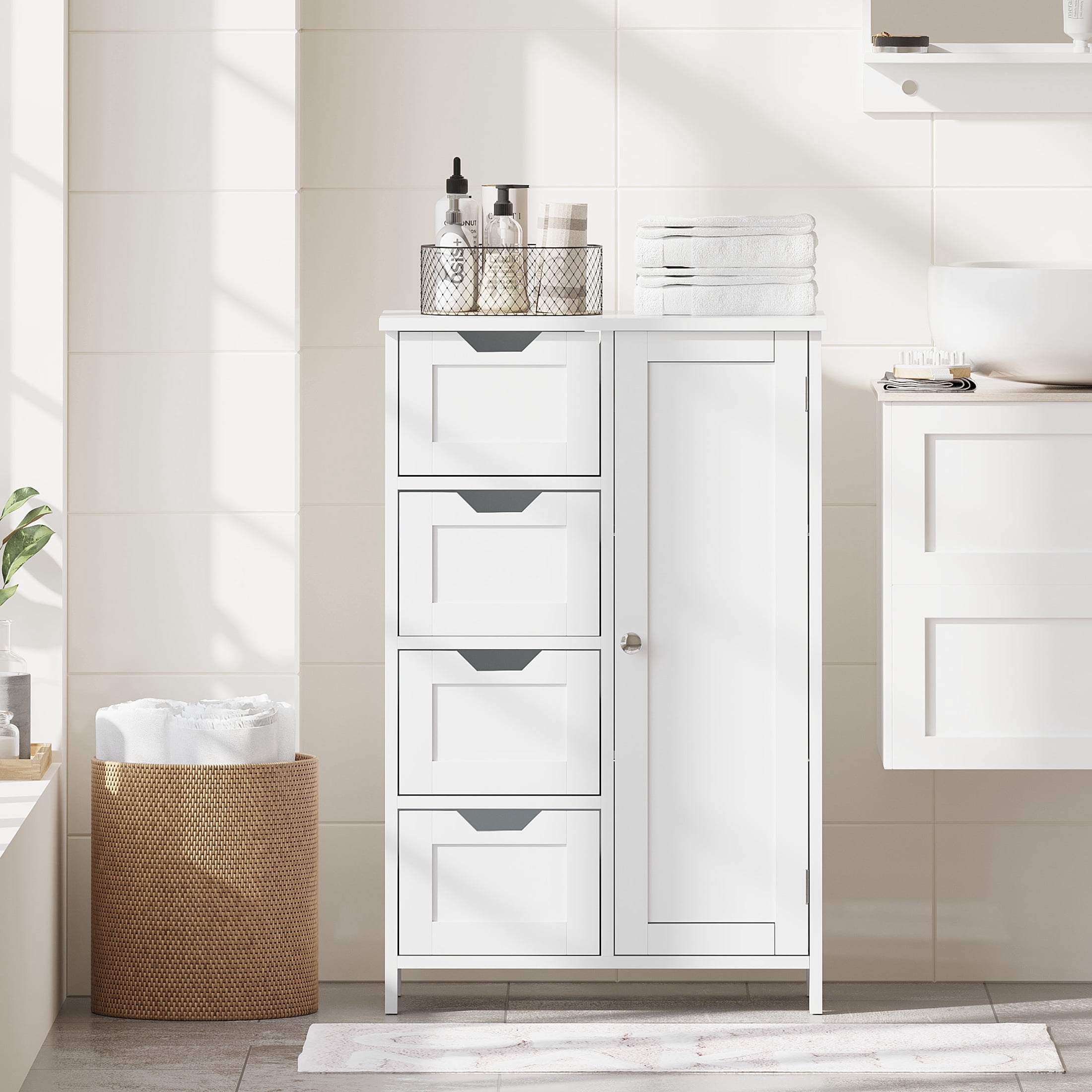 Noble House Nesta Bathroom Storage Cabinet with 4 Drawers, and Adjustable Shelf, Wooden Floor Organizer, White