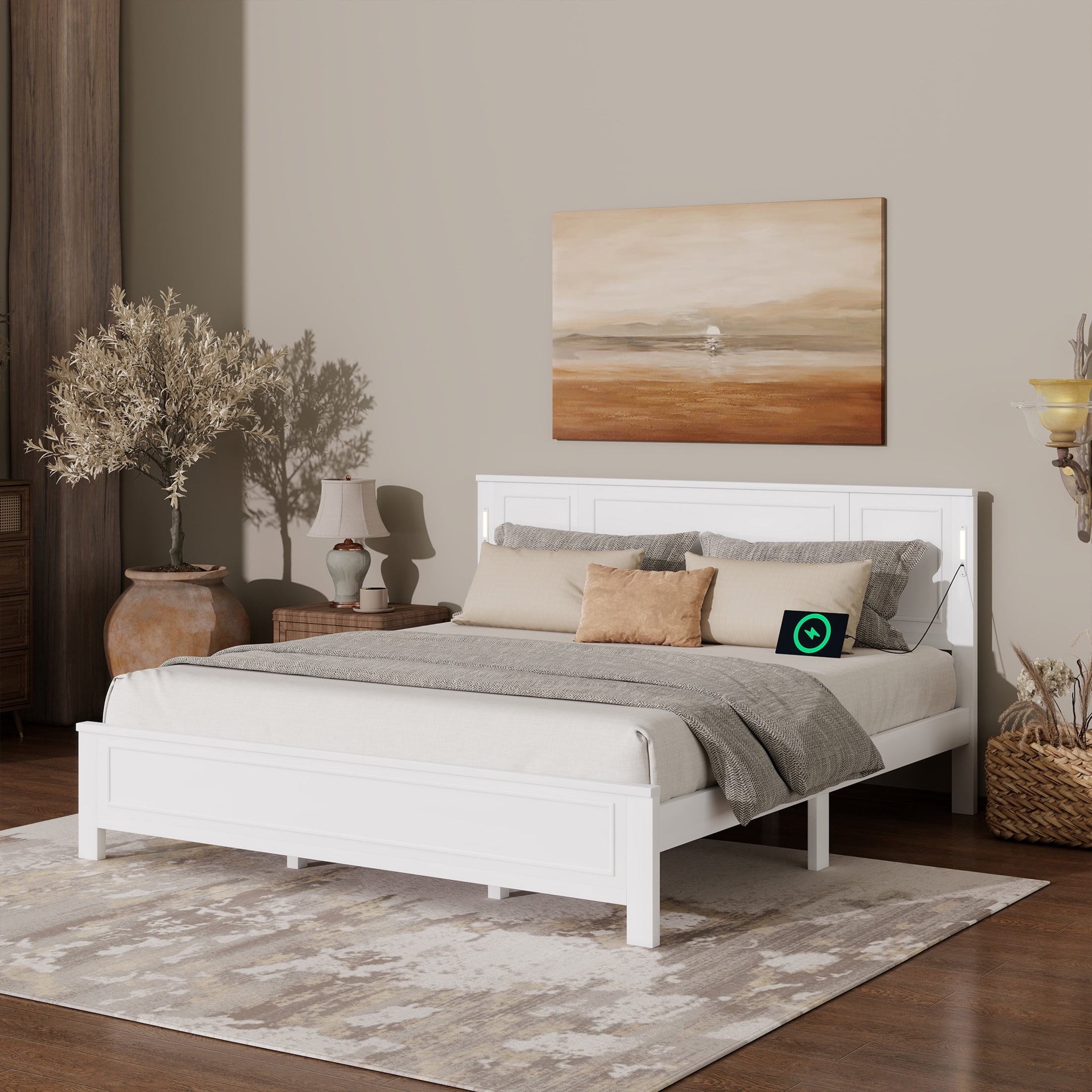 Noble House Nesta King Bed Frame with LED Headboard and USB Charging Station, Solid Pine Wood, Kid's Room, White