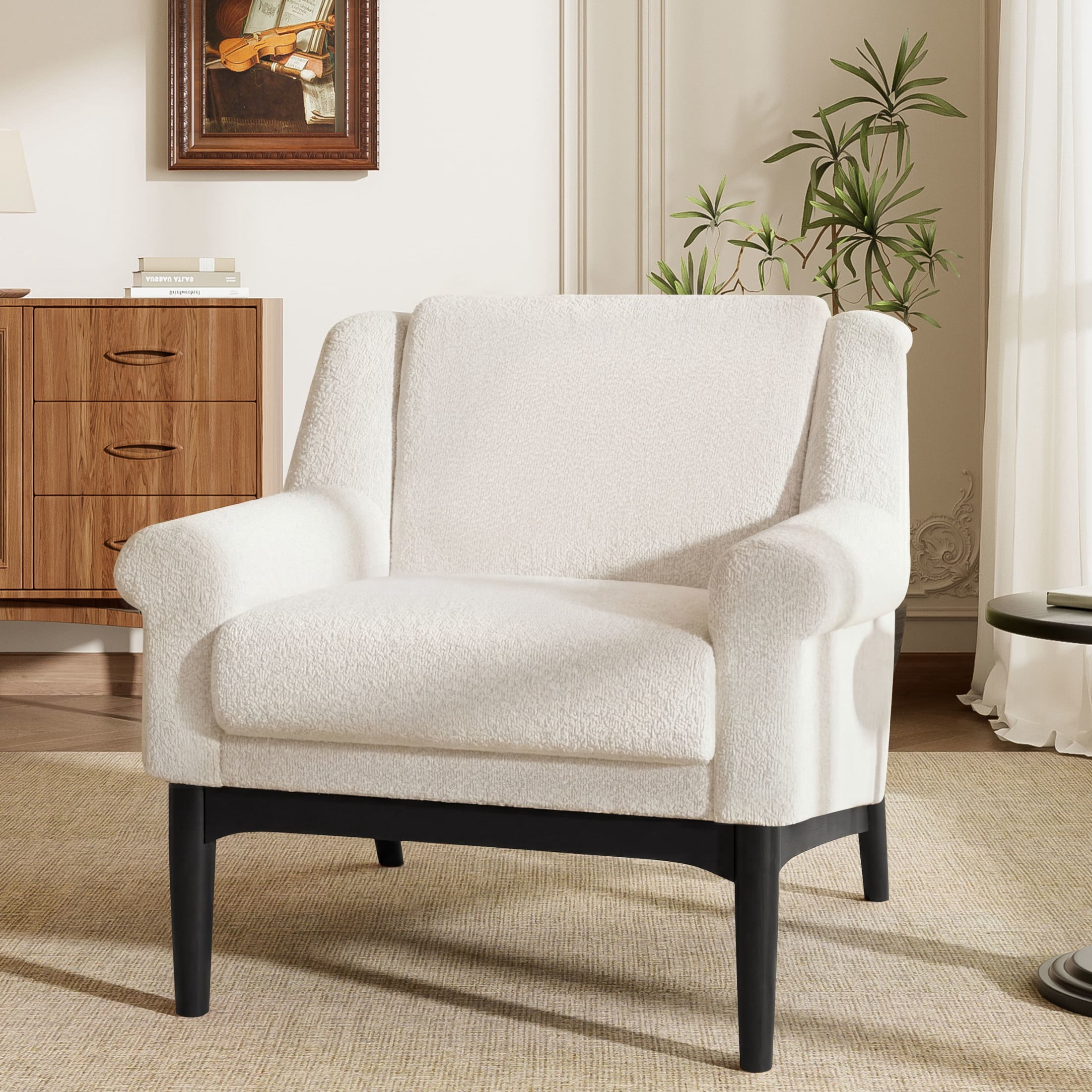 Noble House Nesta Mid-Century Modern Accent Chair with Flared Arms, Ergonomic Reading Chair for Living Room, Beige
