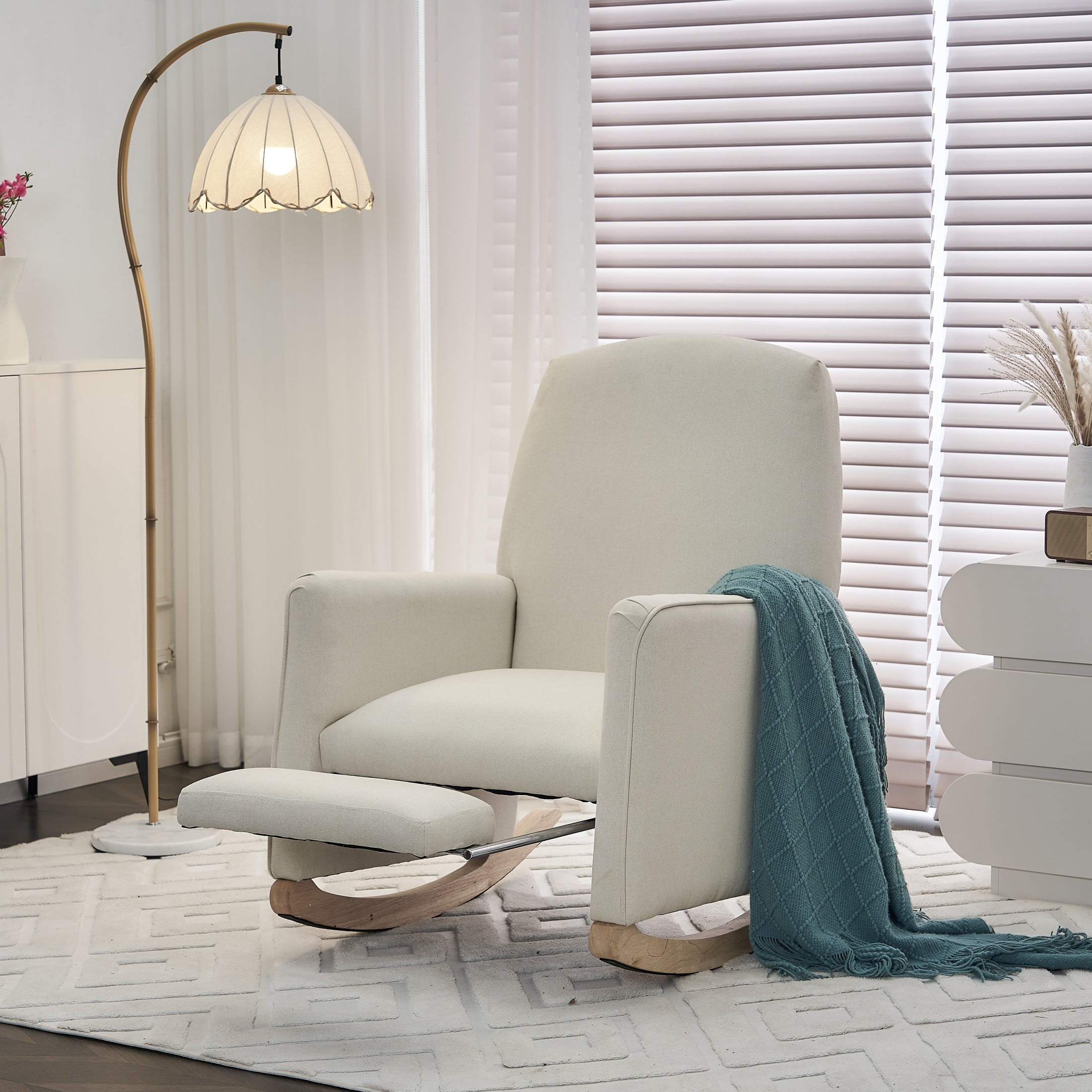 Noble House Nesta Upholstered Linen Glider Rocking Chair, Reclining Nursery Armchair with Adjustable Footrest, Beige