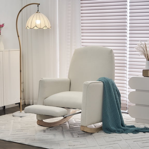 Noble House Nesta Upholstered Linen Glider Rocking Chair, Reclining Nursery Armchair with Adjustable Footrest, Beige
