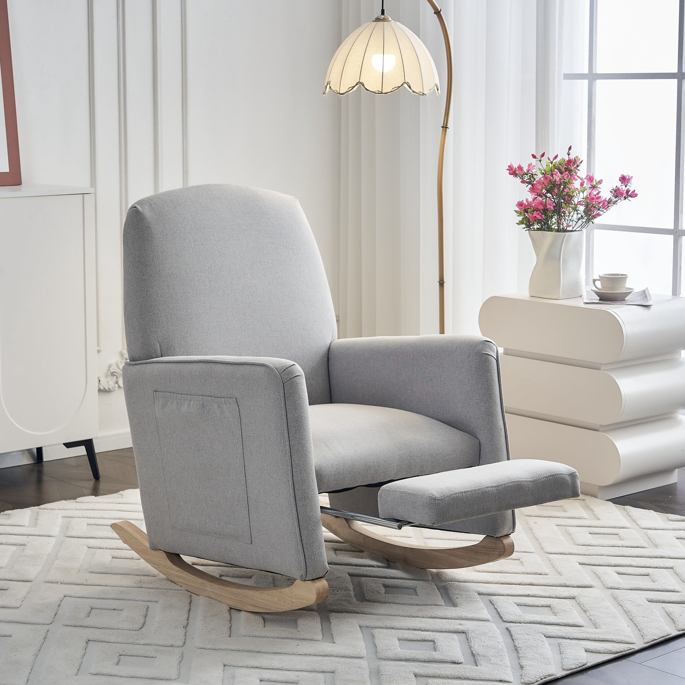Noble House Nesta Upholstered Linen Glider Rocking Chair, Reclining Nursery Armchair with Adjustable Footrest, Light Gray