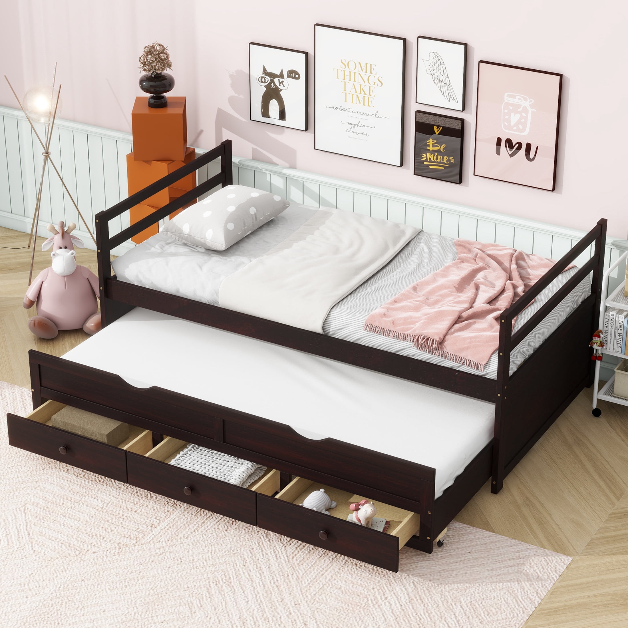 Noble House Nestin Twin Bed Frame with Trundle and Three Storage Drawers, Solid Pine Wood Frame, Espresso