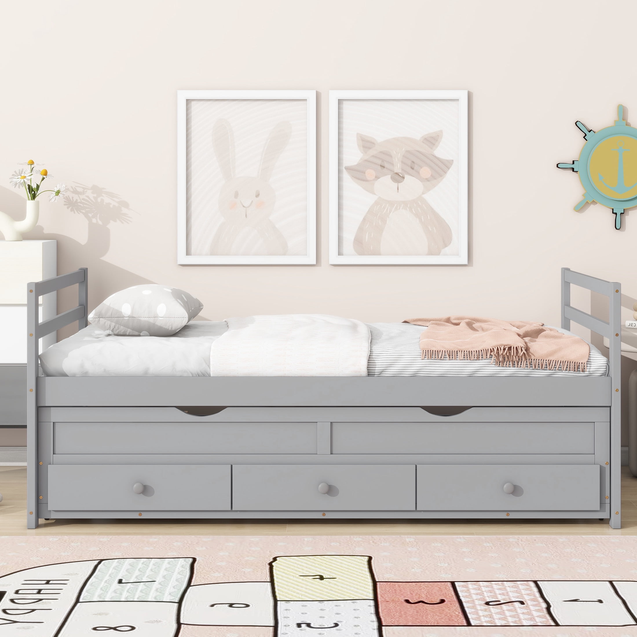Noble House Nestin Twin Bed Frame with Trundle and Three Storage Drawers, Solid Pine Wood Frame, Gray
