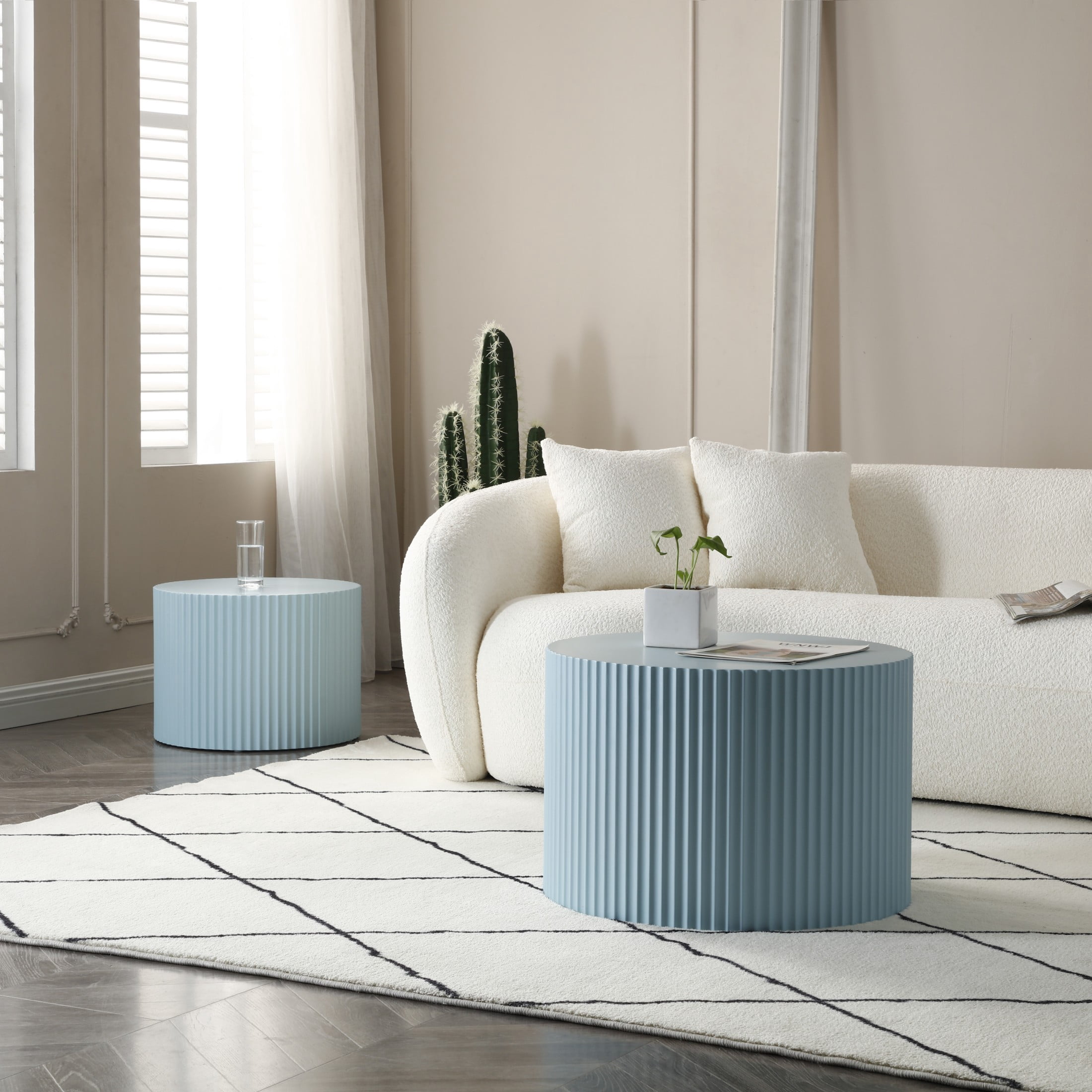 Noble House Nesting Round Coffee Tables, Modern MDF Handcrafted Relief for Living Room, Light Blue, Set of 2