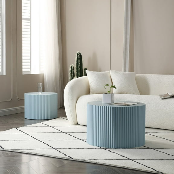 Noble House Nesting Round Coffee Tables, Modern MDF Handcrafted Relief for Living Room, Light Blue, Set of 2