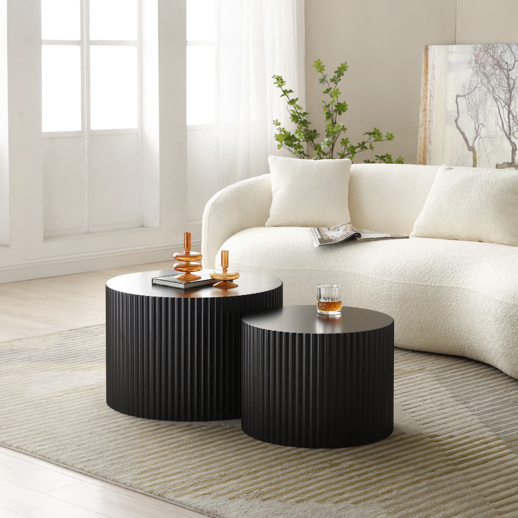 Noble House Nesting Round Coffee Tables, Modern MDF Handcrafted Relief for Living Room, Matte Black, Set of 2