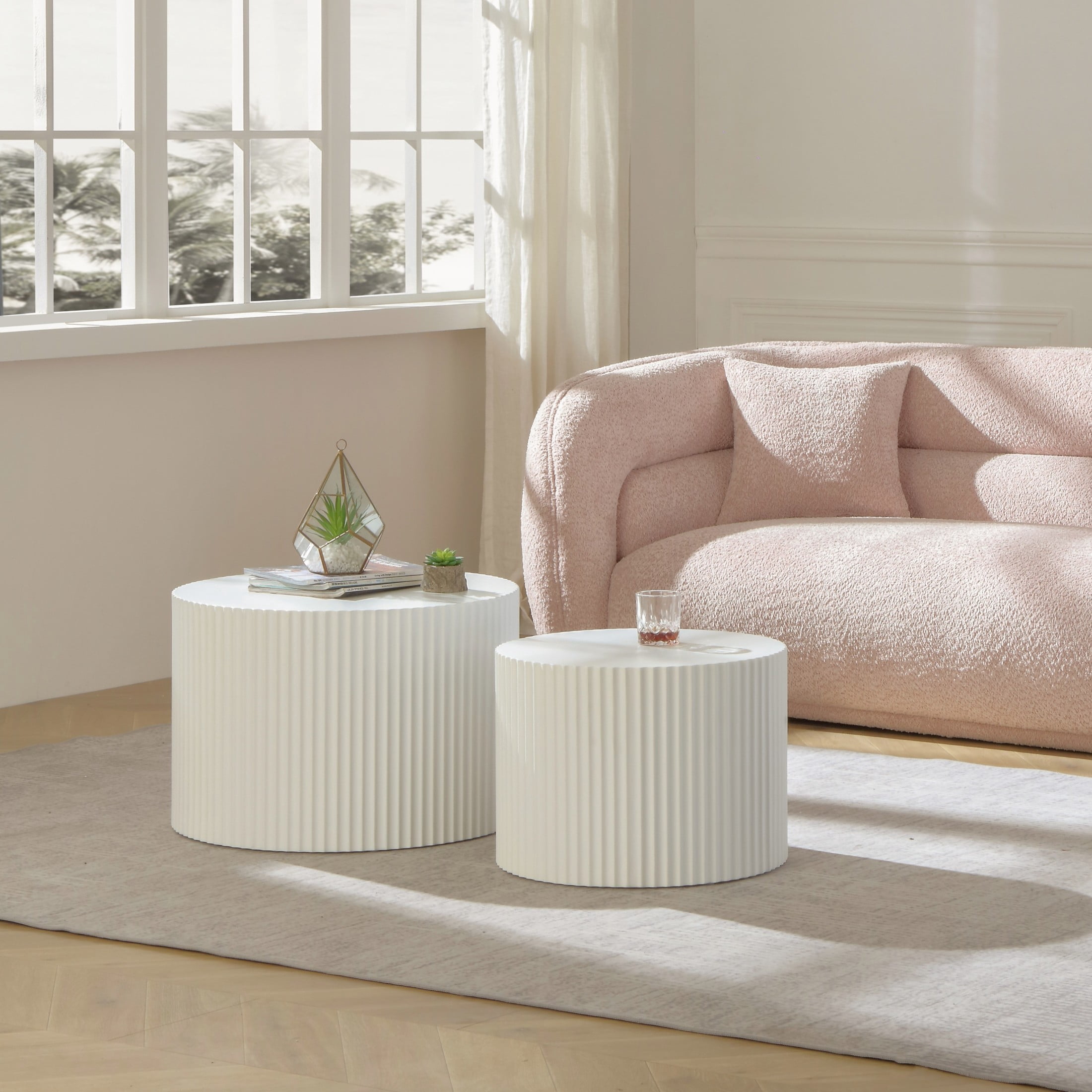 Noble House Nesting Round Coffee Tables, Modern MDF Handcrafted Relief for Living Room, White, Set of 2