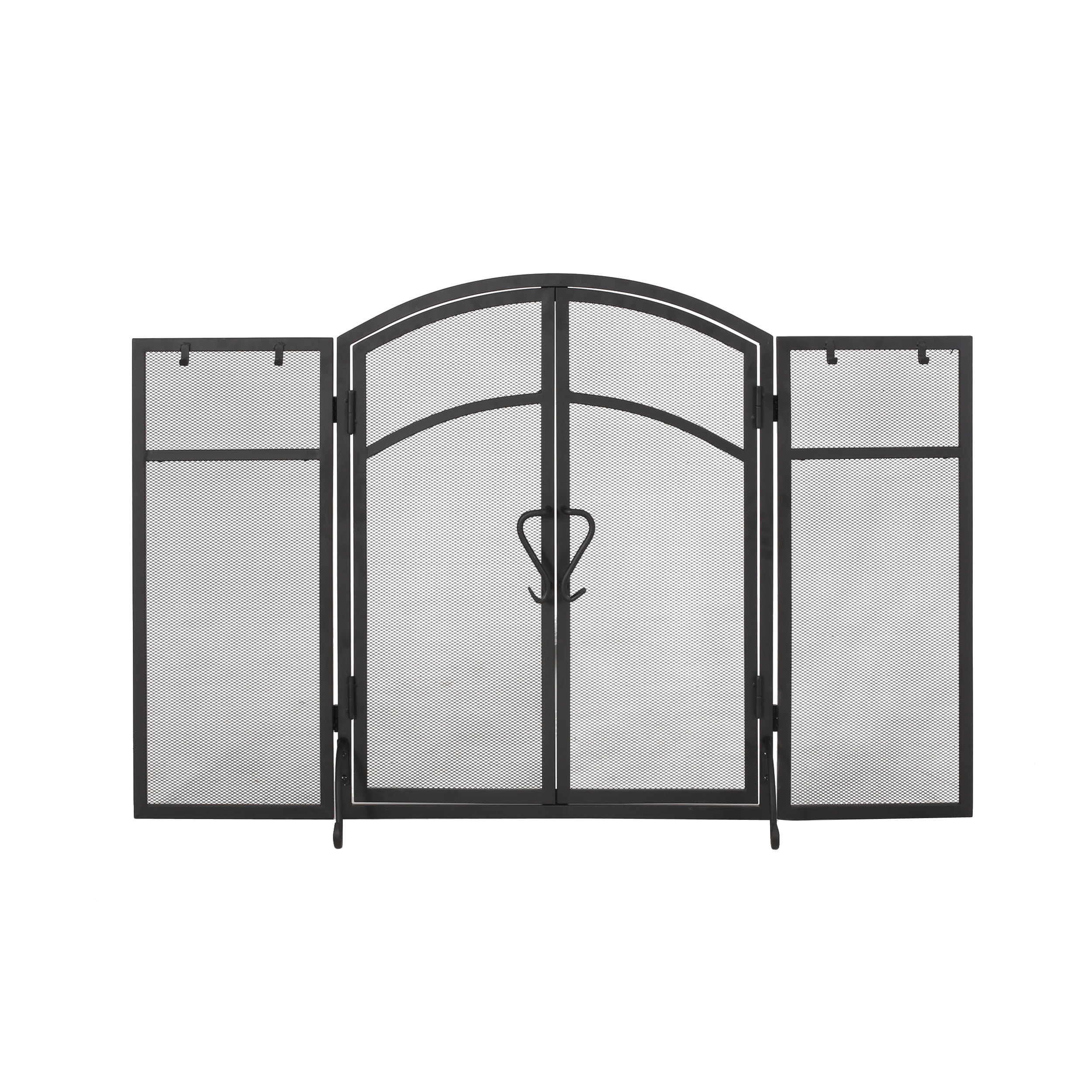 Noble House Nevaeh Modern Iron Folding Fireplace Screen with Door and Tools, Matte Black