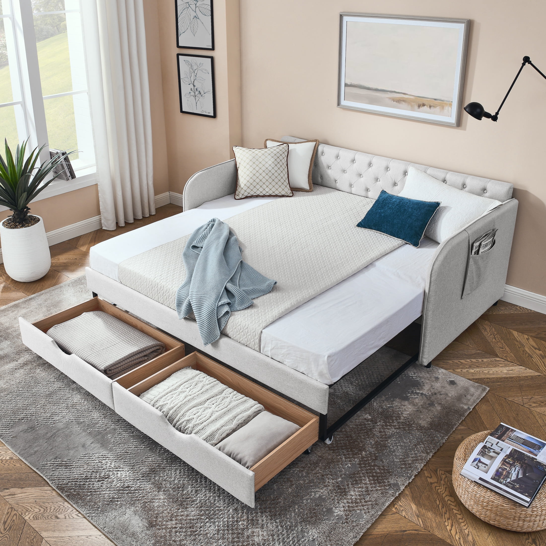 Noble House Nevaeh Twin Upholstered Linen Daybed, Extendable Twin to King Trundle Bed Frame with Storage Drawers, Beige