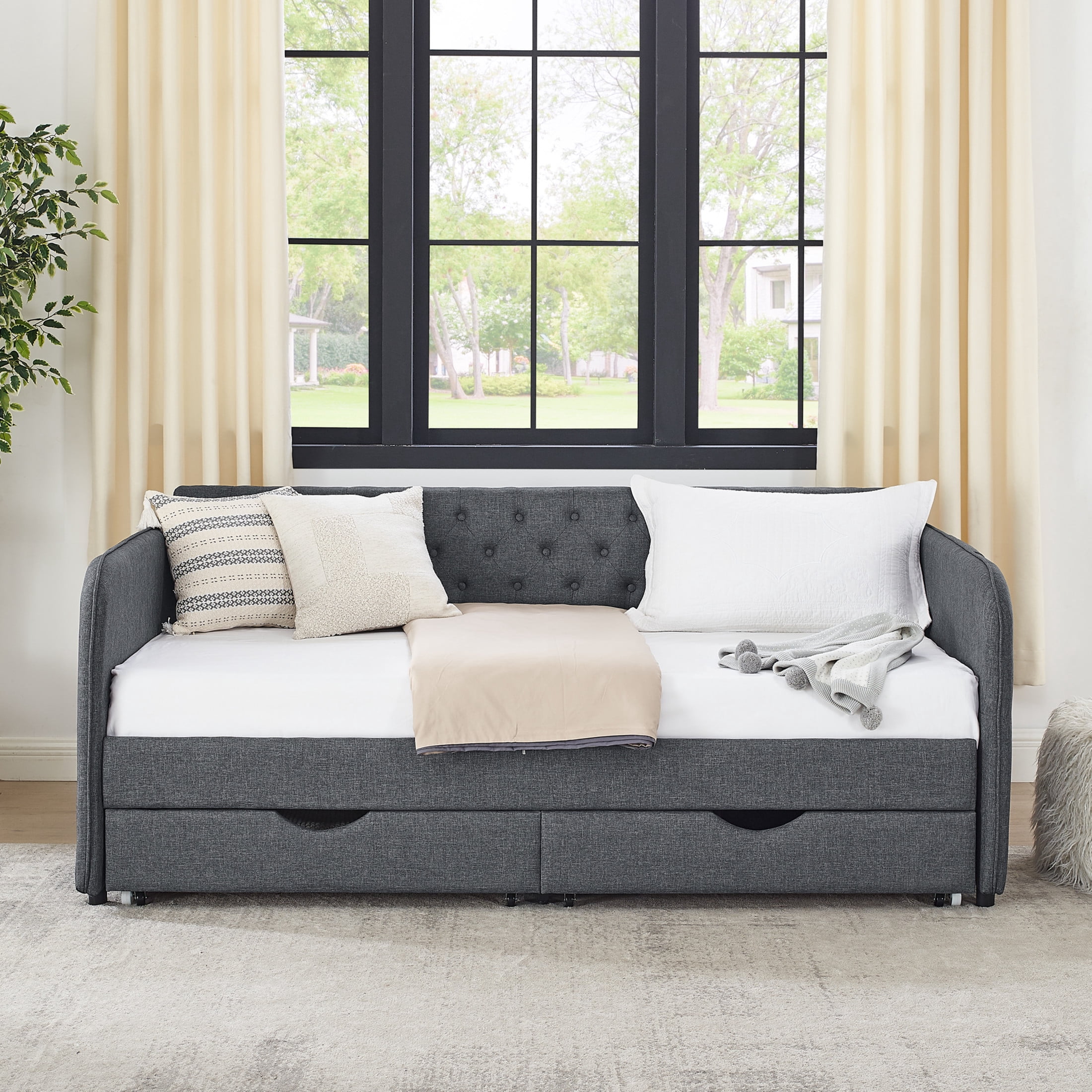 Noble House Nevaeh Twin Upholstered Linen Daybed, Extendable Twin to King Trundle Bed Frame with Storage Drawers, Dark Gray