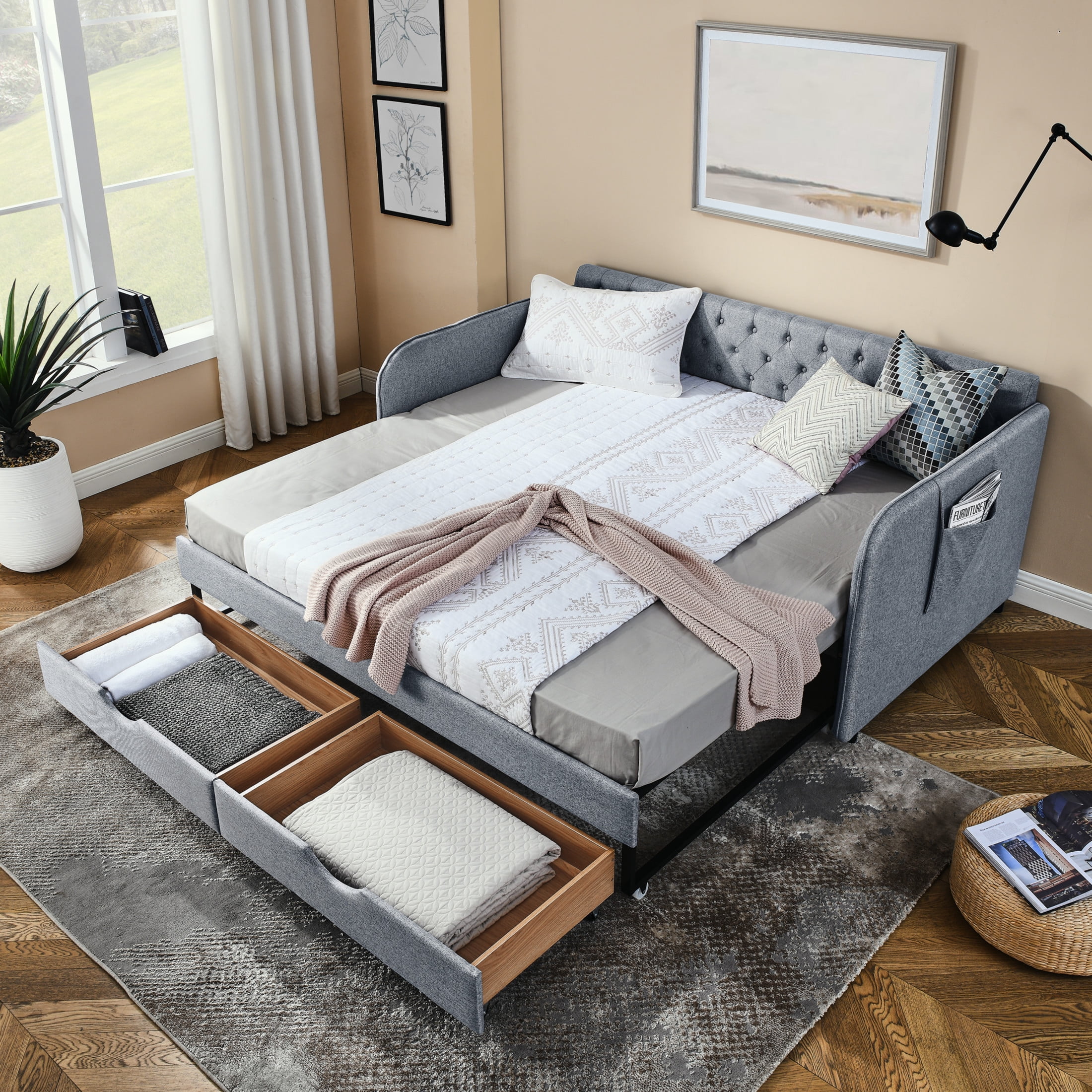Noble House Nevaeh Twin Upholstered Linen Daybed, Extendable Twin to King Trundle Bed Frame with Storage Drawers, Gray