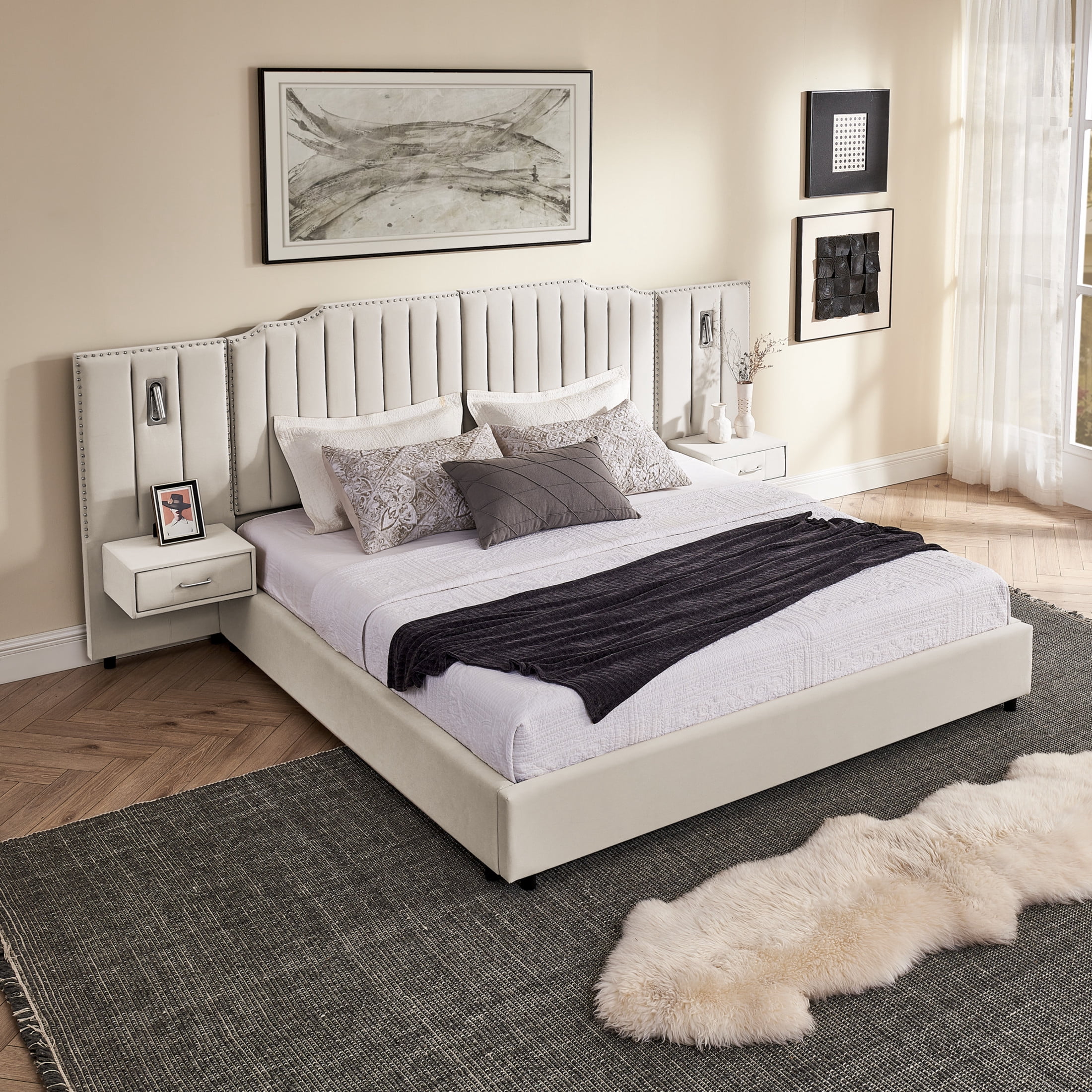 Noble House Neville 118" King Size Upholstered Bed Frame, Velvet Vertical Stripe Platform Bed with Lights, Beige