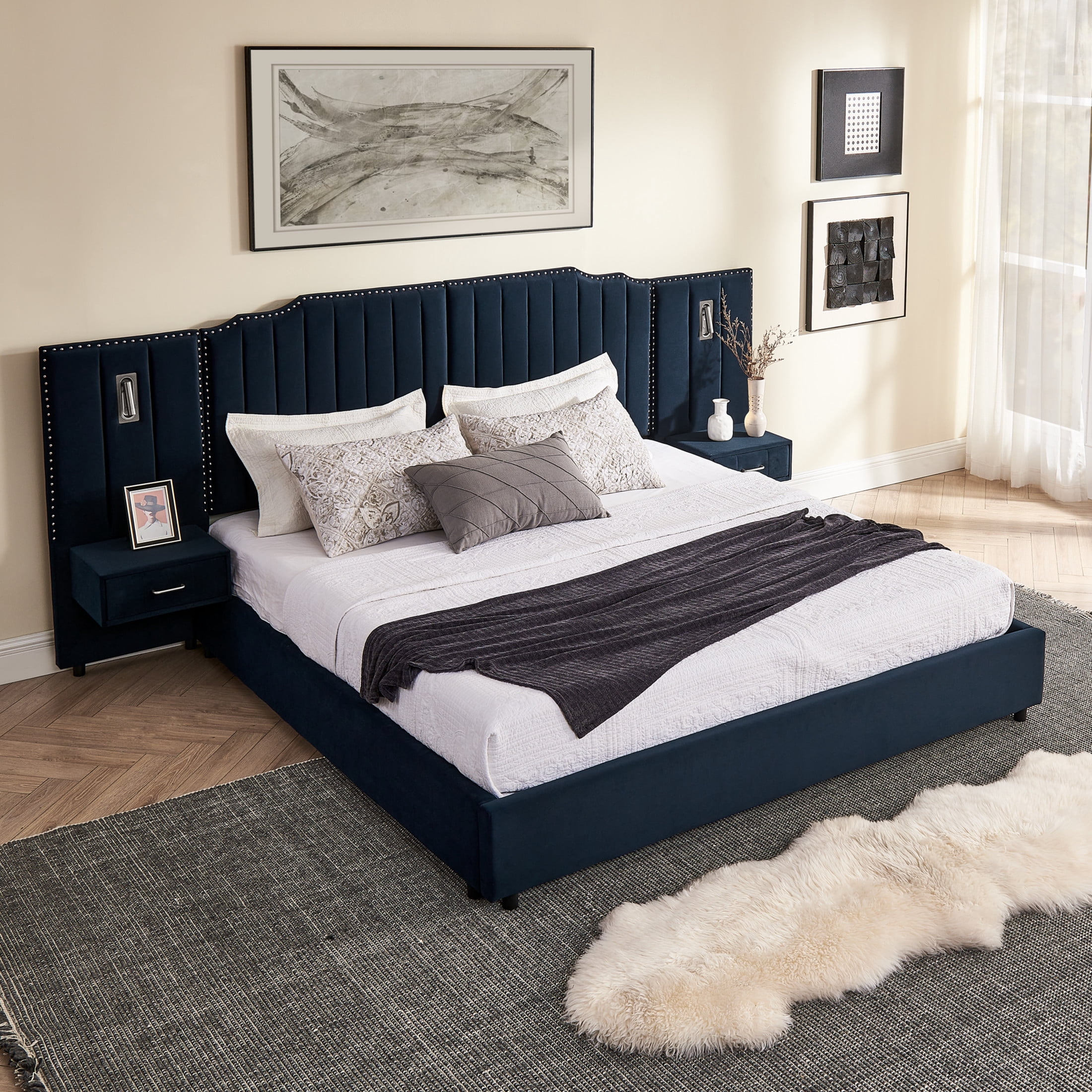 Noble House Neville 118" King Size Upholstered Bed Frame, Velvet Vertical Stripe Platform Bed with Lights, Dark Blue