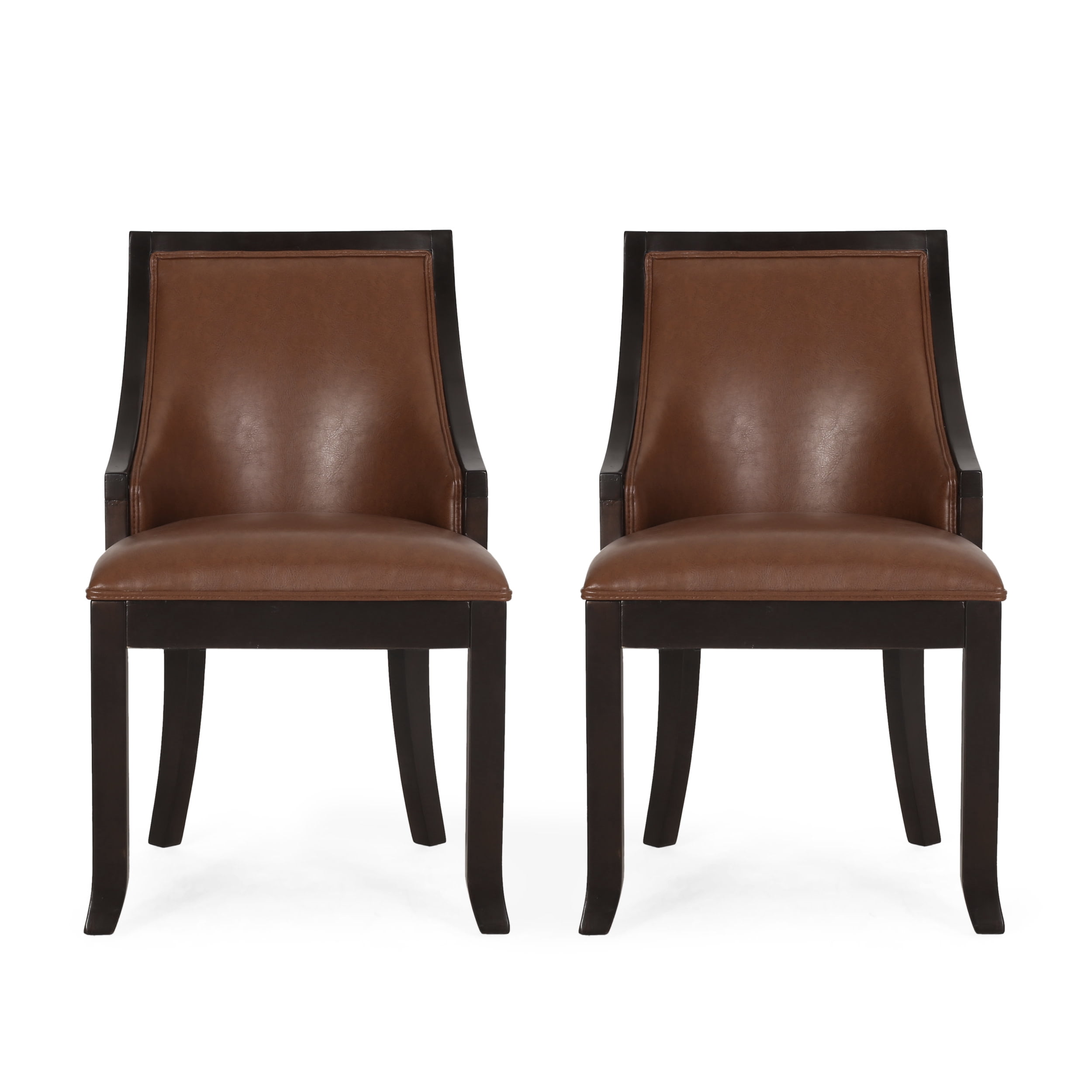 Noble House Newell Faux Leather Upholstered Birch Wood Dining Chairs, Set of 2, Cognac Brown and Walnut